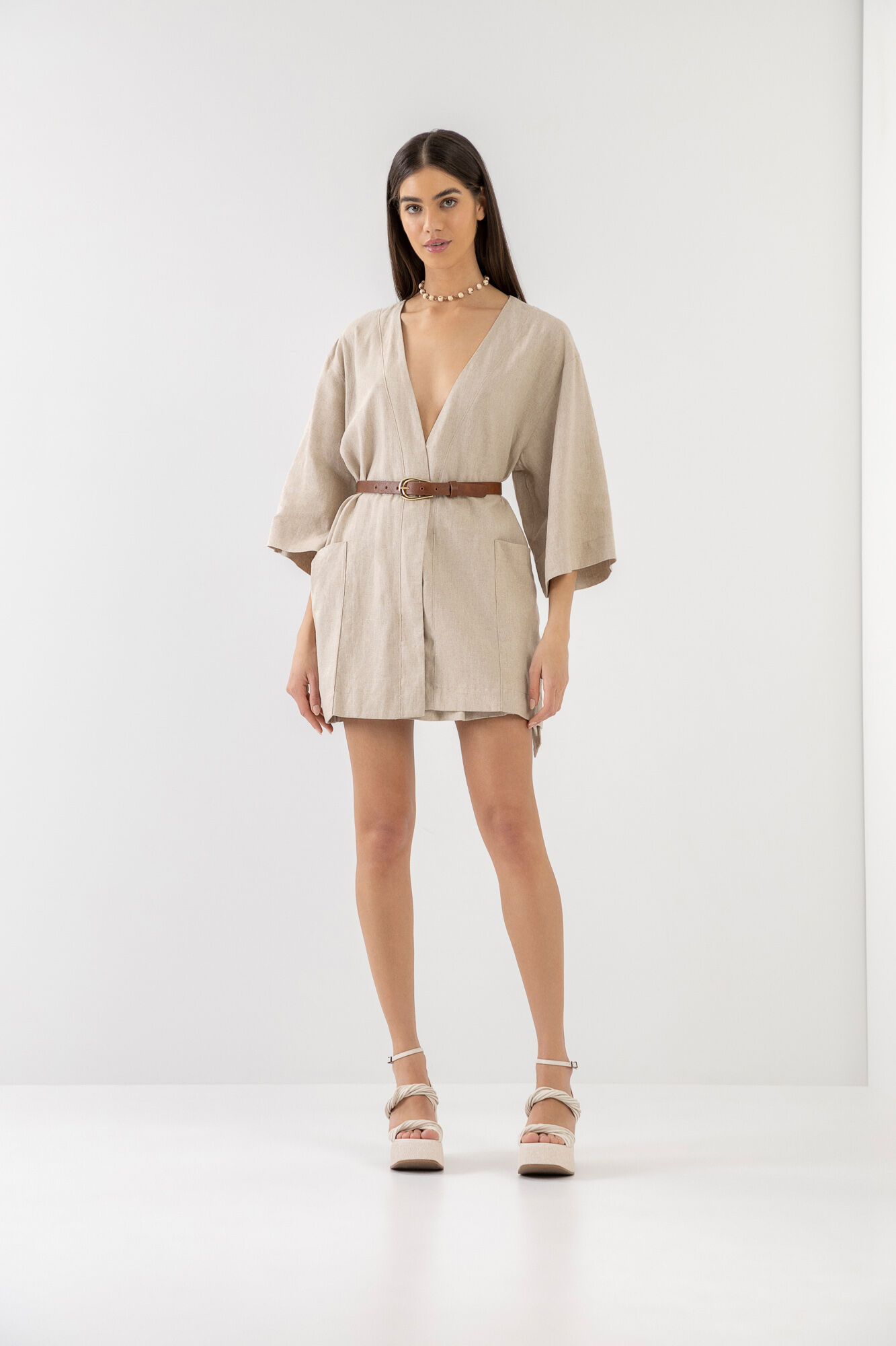 Kimono Alongado em Linho com Bolsos, , large.