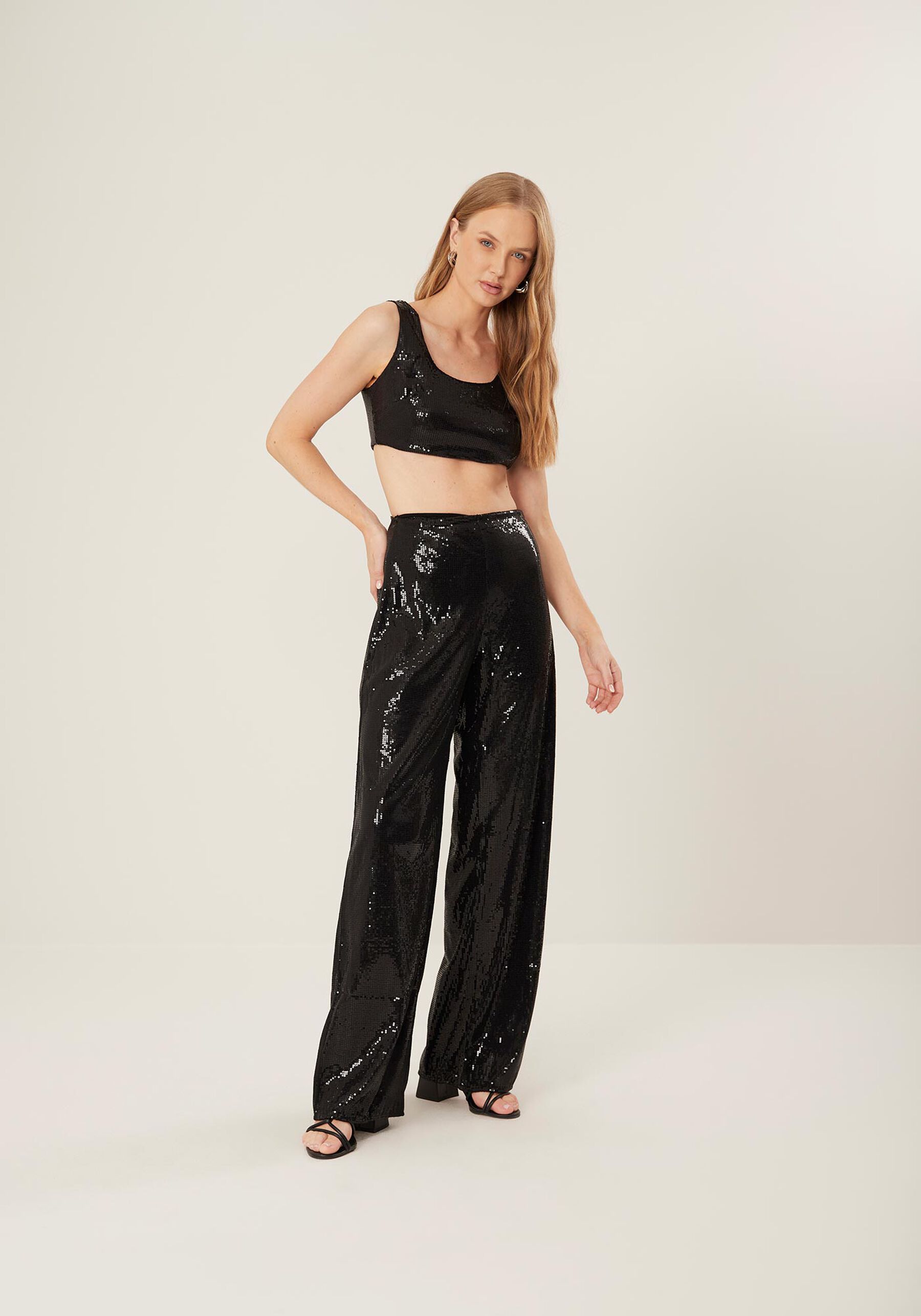 Calça Reta em Paetês com Cintura Alta, PRETO. Calça Reta em Paetês com Cintura Alta, PRETO, large.