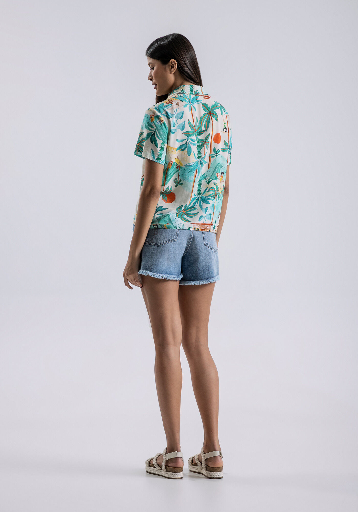 Camisa Manga Curta Viscose com Franzido, , large.