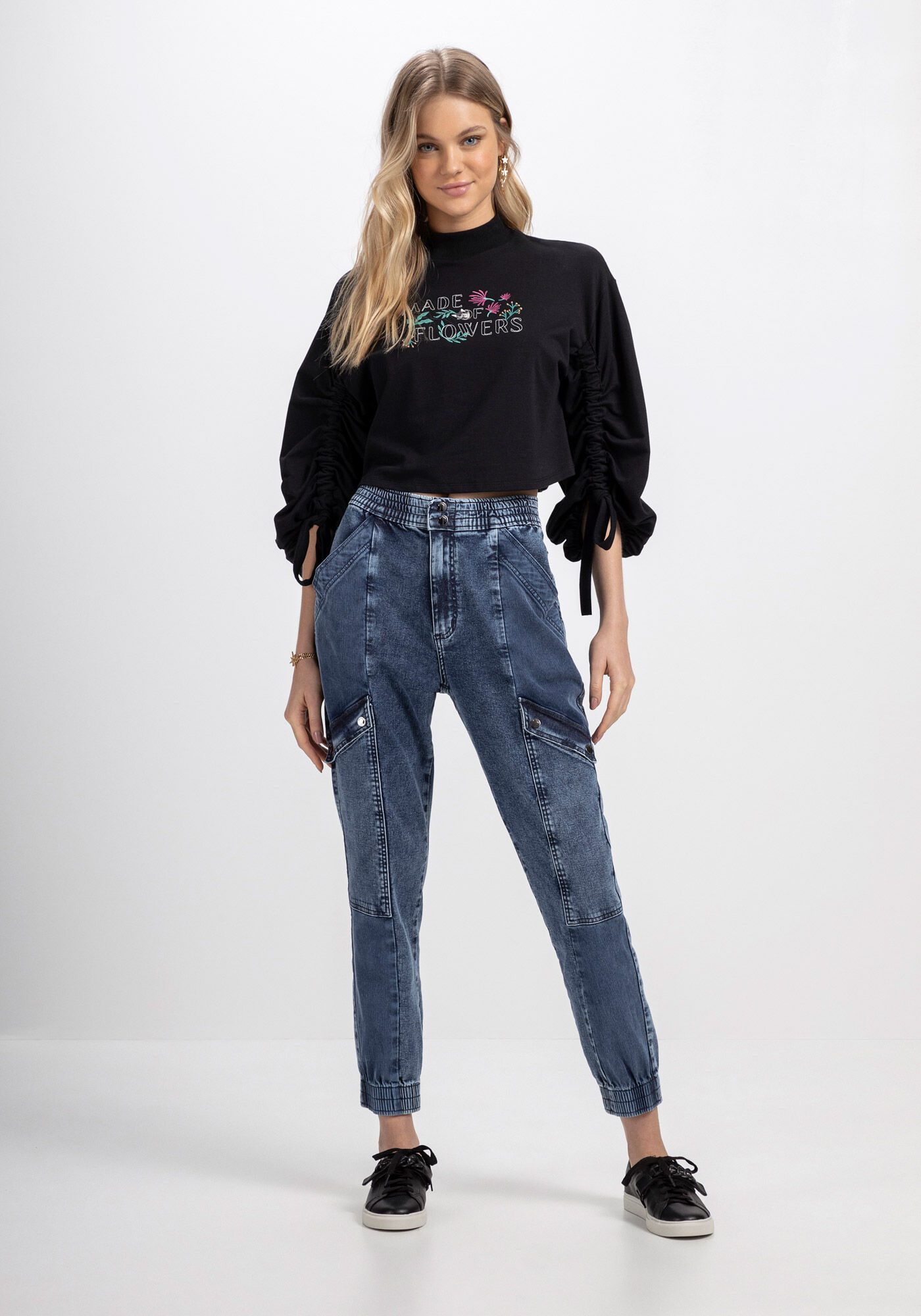 Blus&atilde;o Manga 3/4 Bufante com Bordado, PRETO REATIVO, large.