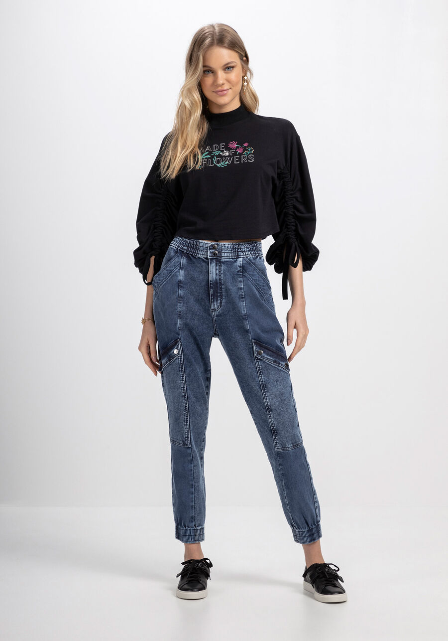 Blusão Manga 3/4 Bufante com Bordado, PRETO REATIVO. Blusão Manga 3/4 Bufante com Bordado, PRETO REATIVO, large.