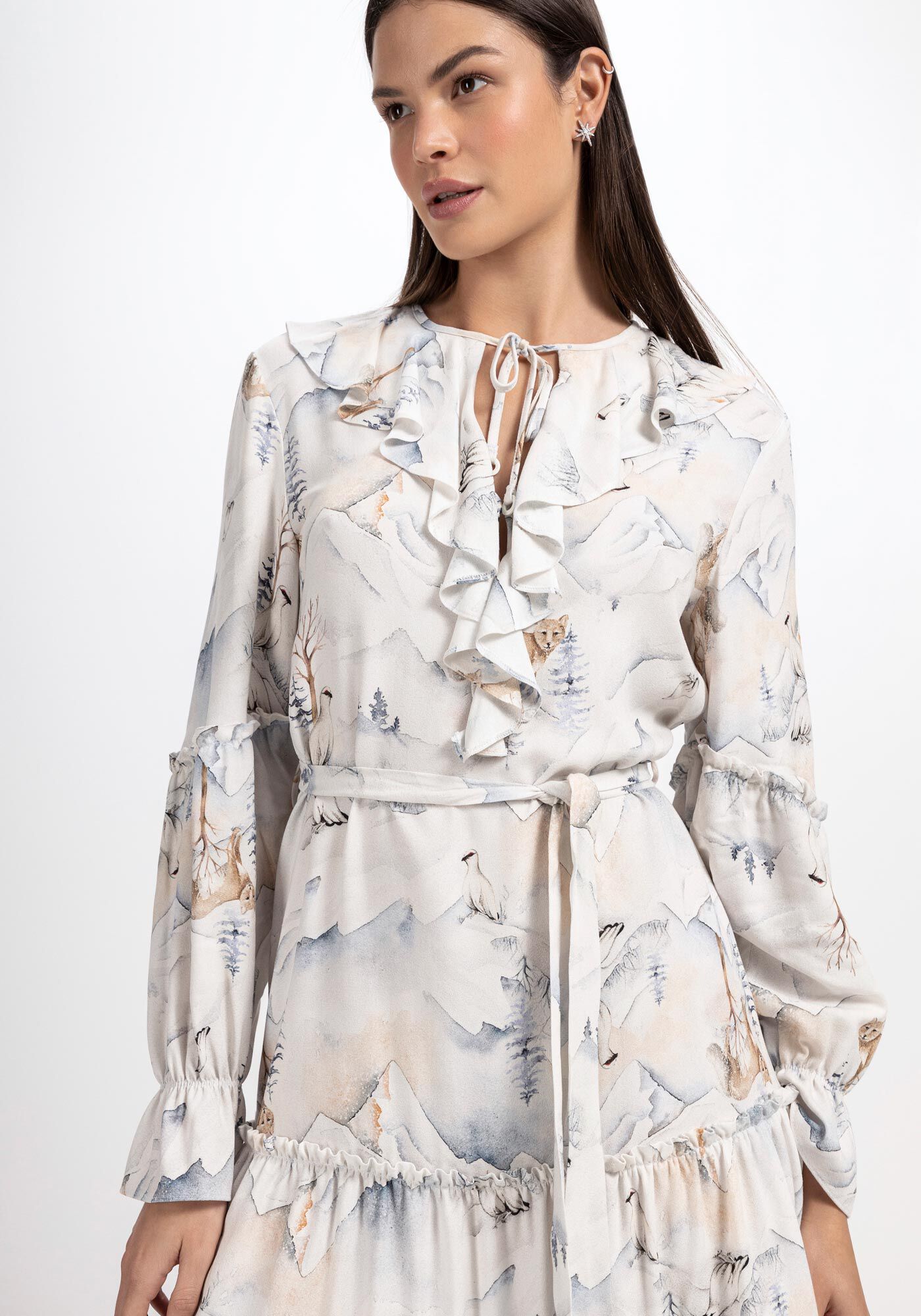 Vestidos de crepe 2025 estampado com manga