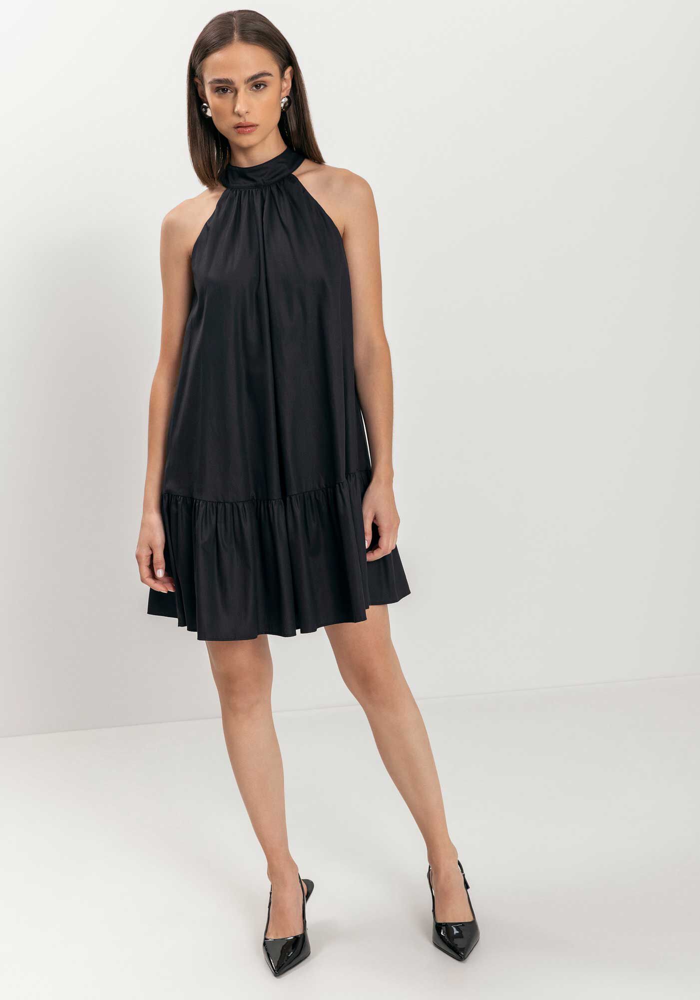 Vestido Curto Com Gola Alta E Amarra&ccedil;&atilde;o Em Tafet&aacute;, , large.