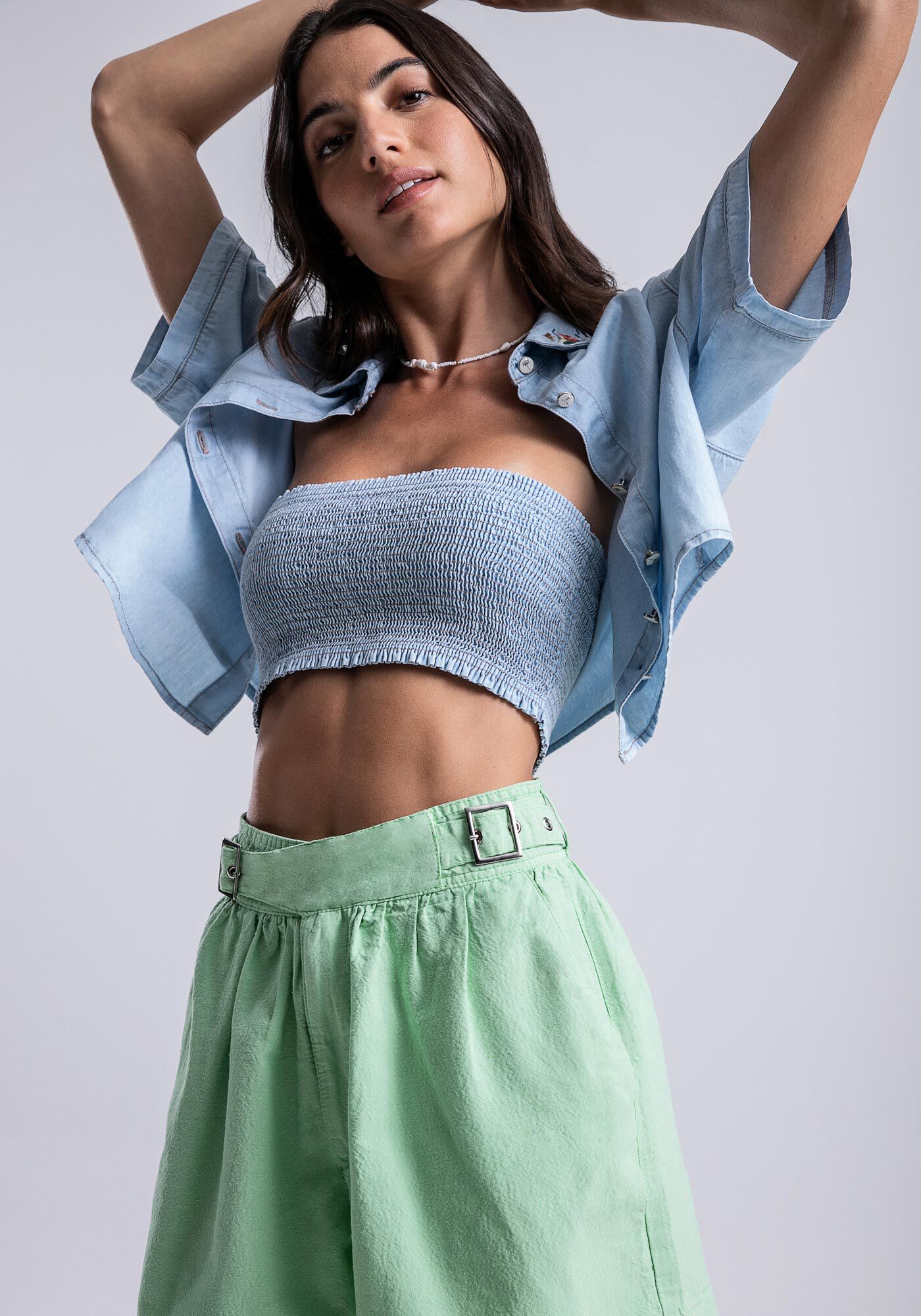 Shorts Sarja com Cintura Super Alta Sustent&aacute;vel, VERDE PORTULACA, large.