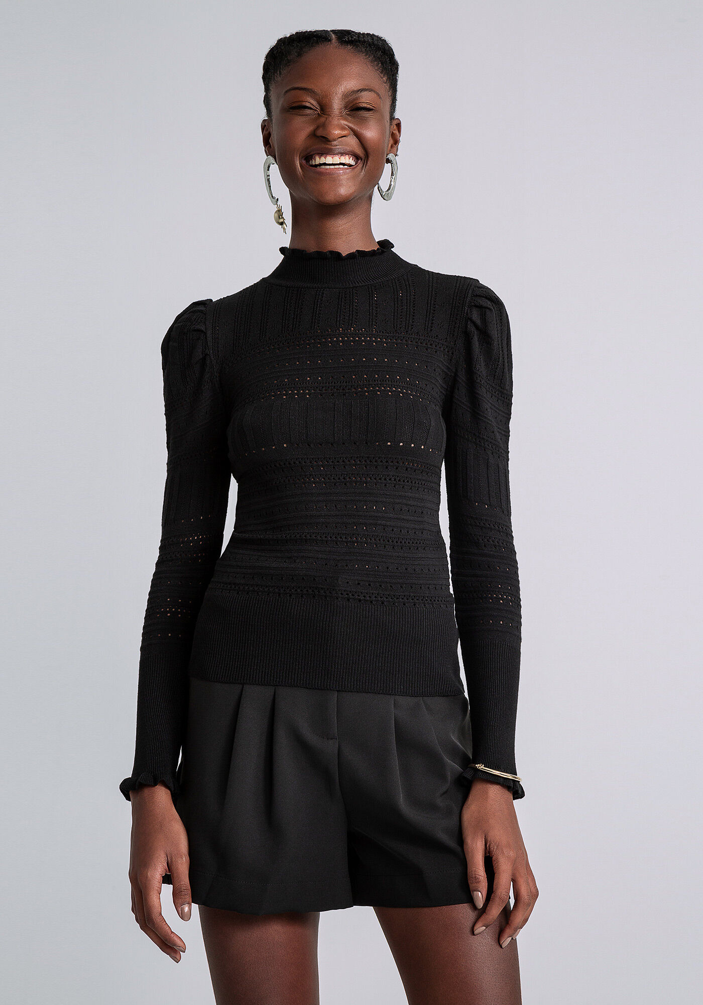 Blusa Manga Longa Gola Alta Tric&ocirc;, PRETO, large.