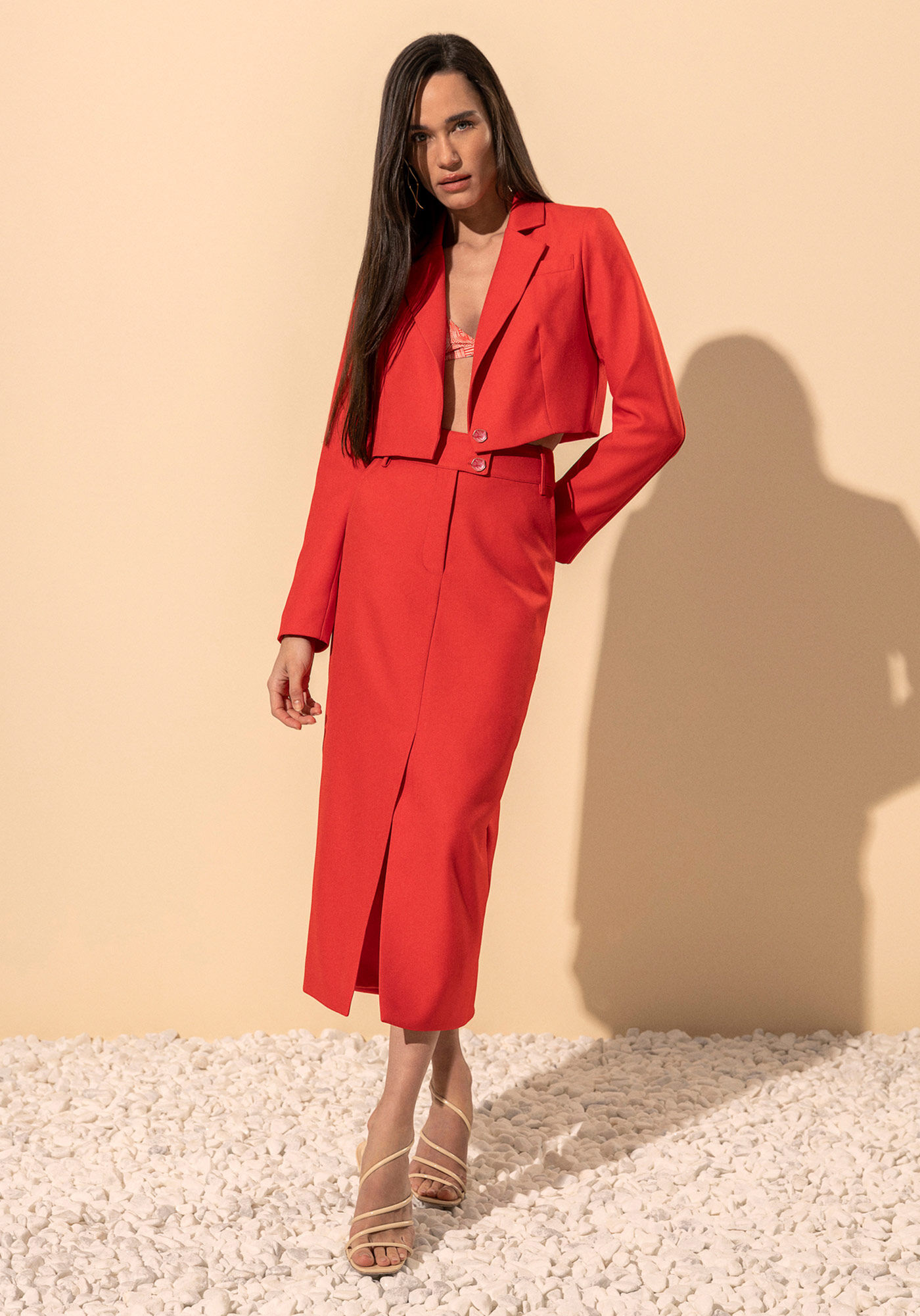 Saia Midi De Cintura Alta Com Fenda E Abotoamento Duplo, VERMELHO CLAIR, large.