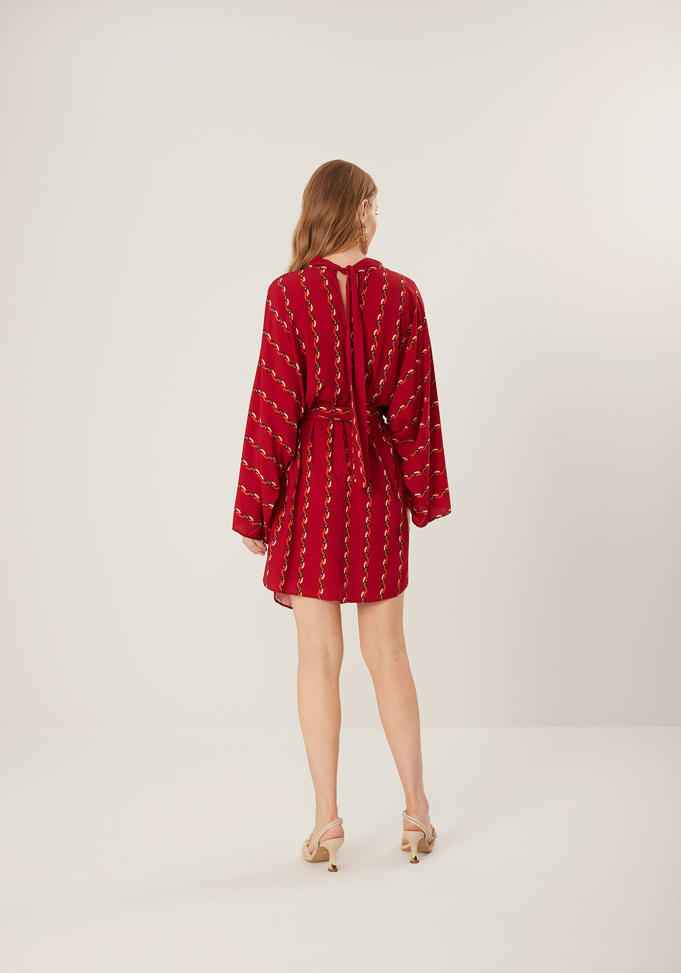 Vestido Curto Estampado Com Gola Alta E Cinto De Argola, , large.