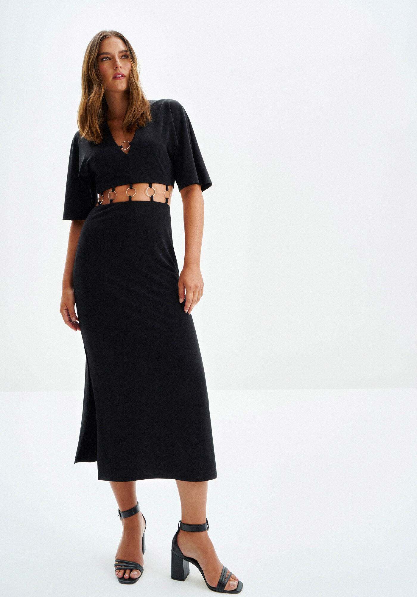 Vestido Midi em Malha Brilho com Cut Argolas, PRETO REATIVO, large.