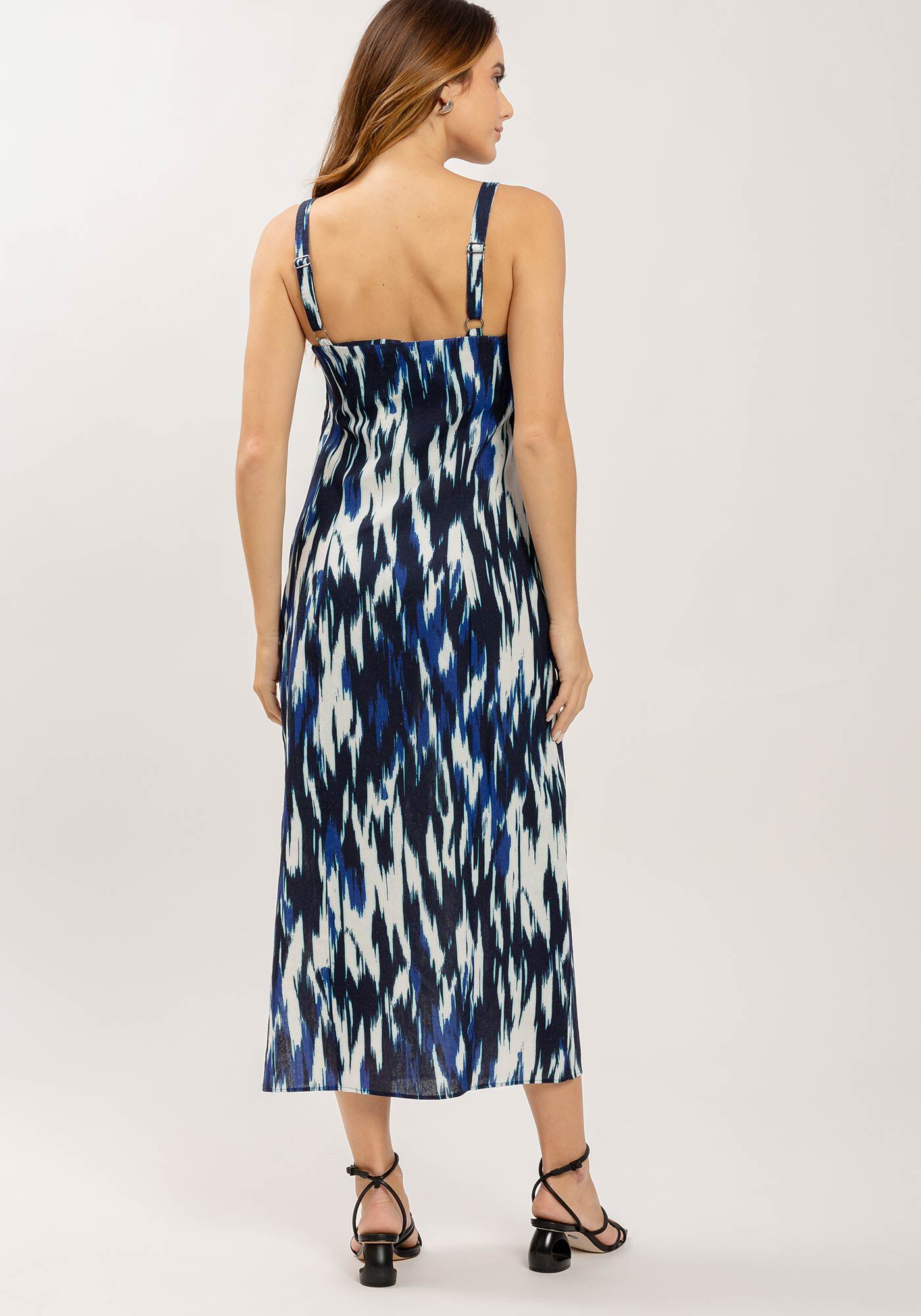 Vestido Midi em Linho Estampado com Decote Reto, , large.