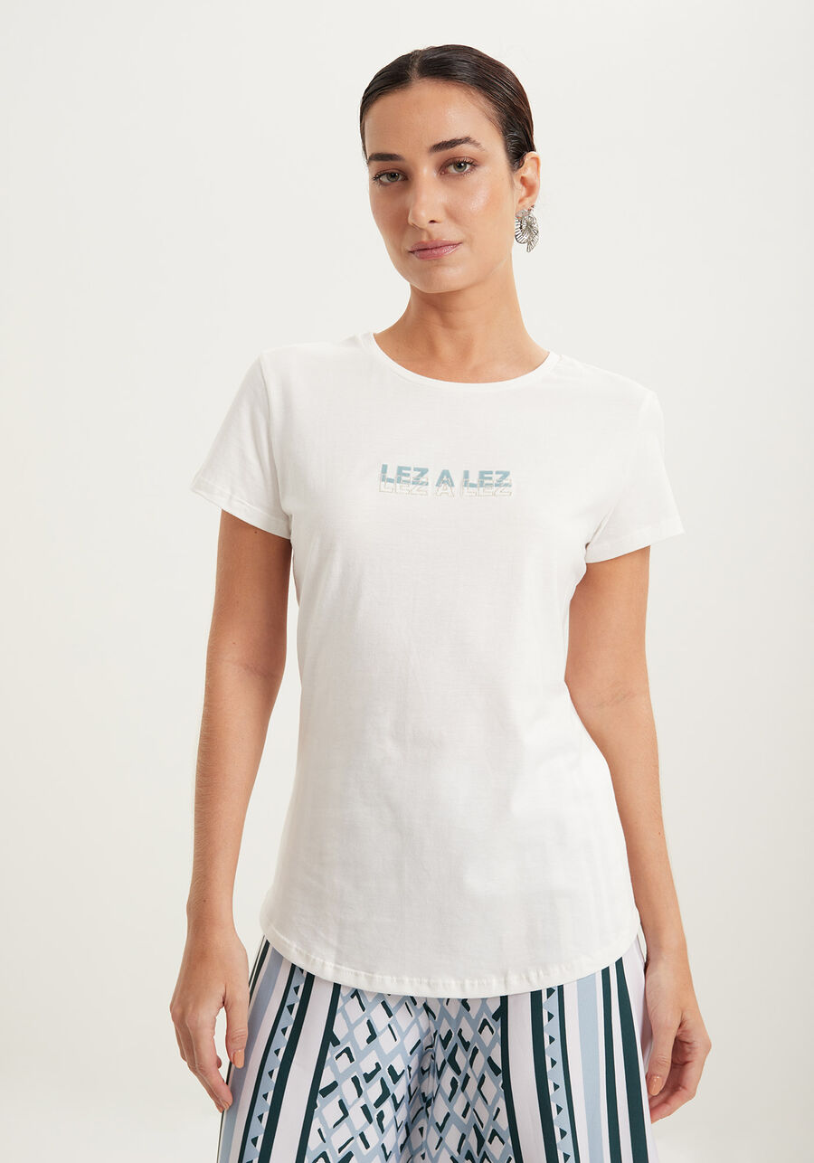 Blusa T-Shirt De Mangas Curtas Em Algodão Penteado, BRANCO OFF WHITE. Blusa T-Shirt De Mangas Curtas Em Algodão Penteado, BRANCO OFF WHITE, large.