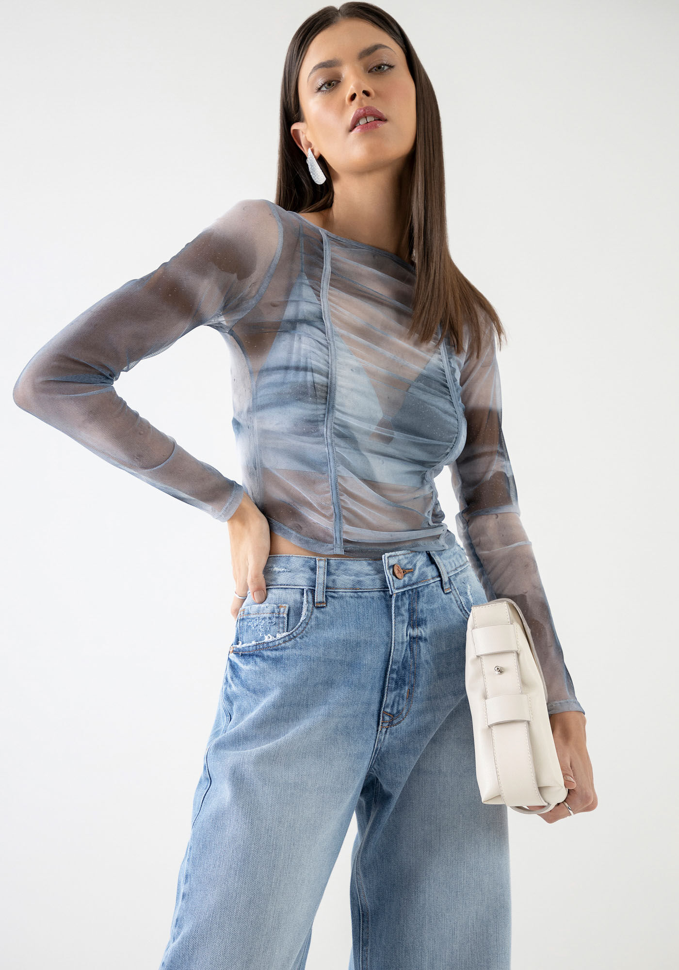 Blusa Manga Longa em Tule Estampado com Top, , large.