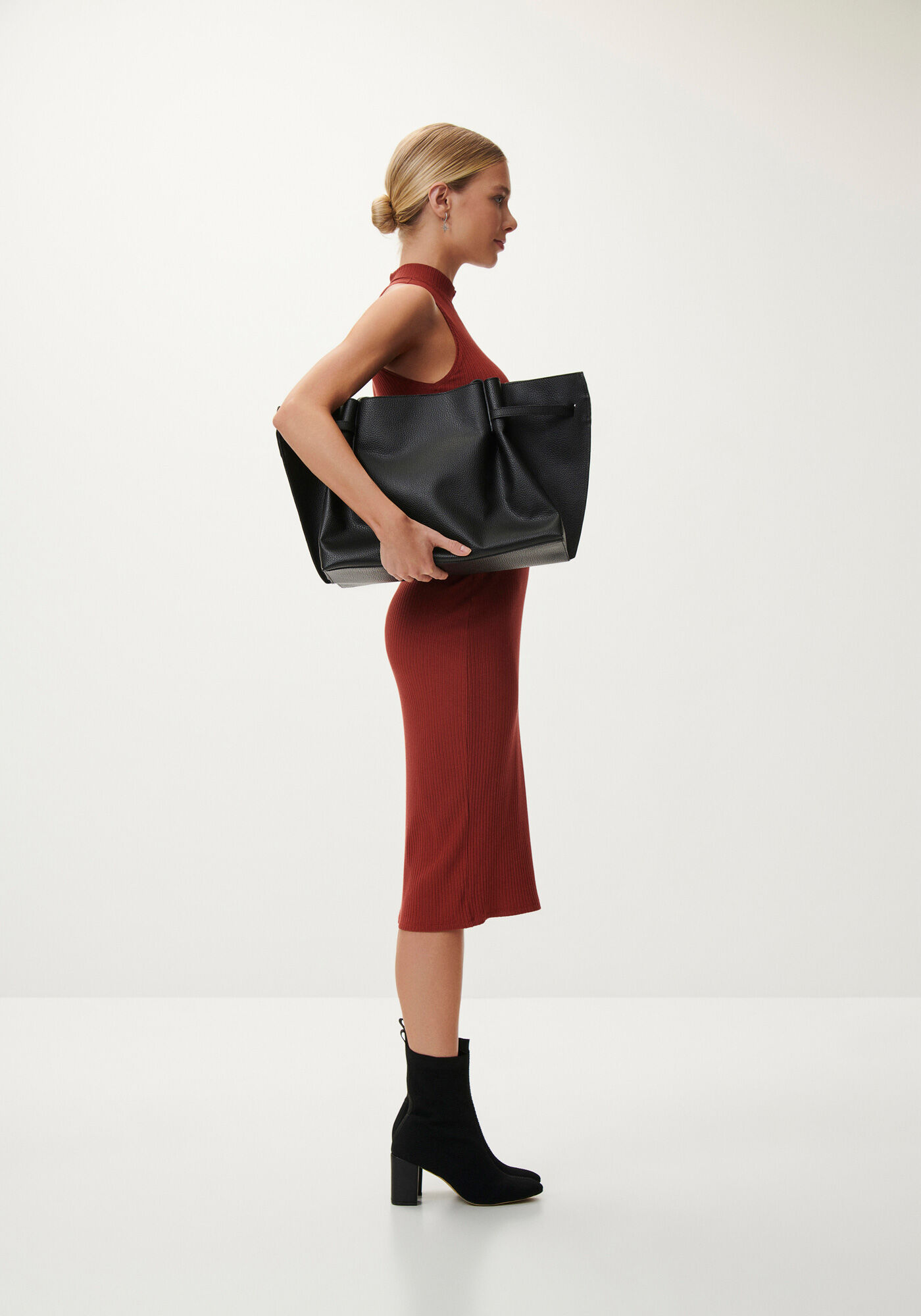 Vestido Midi Canelado com Gola Alta, , large.