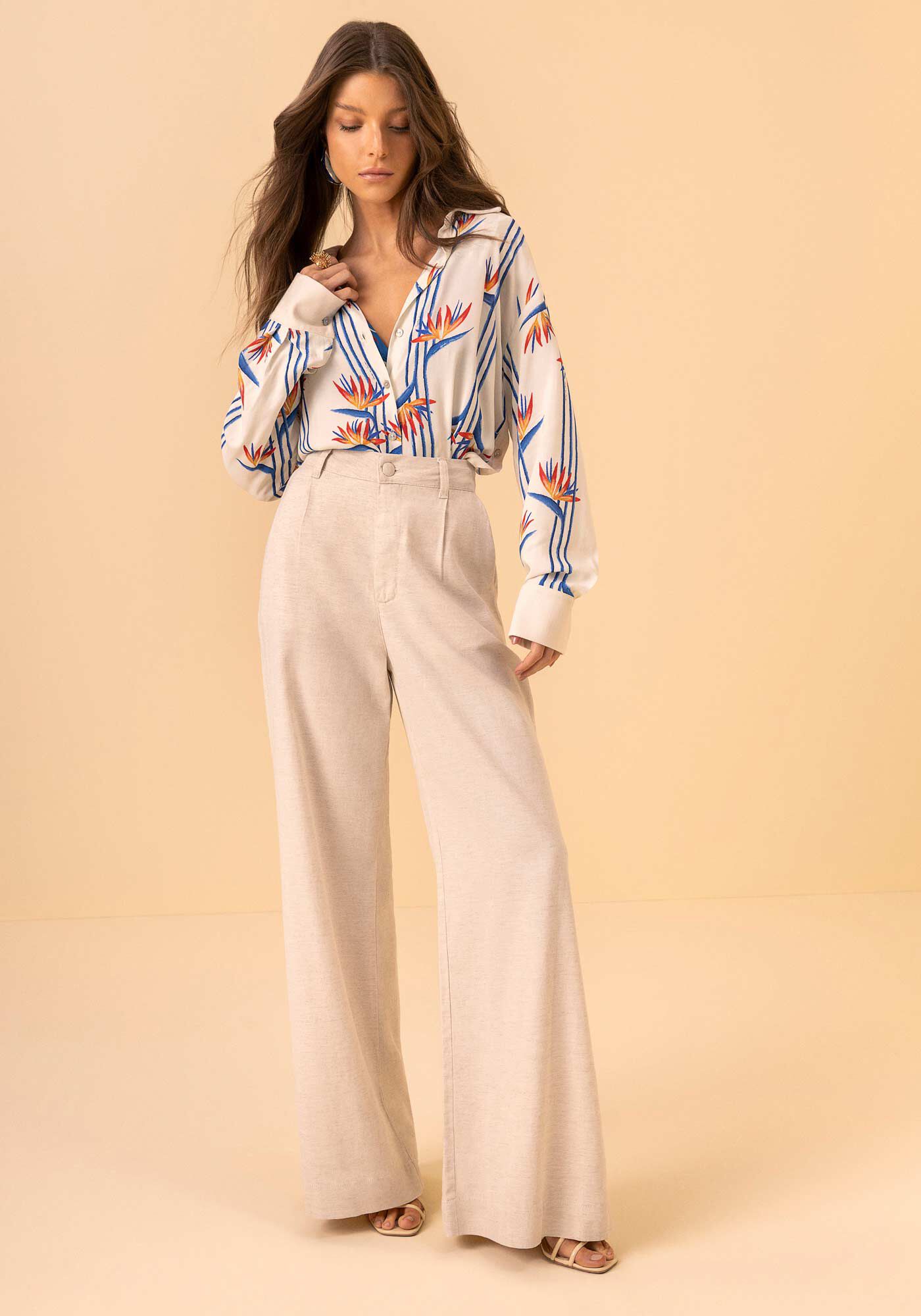 Cal&ccedil;a Pantalona De Cintura Alta Em Sarja E Linho, NATURAL, large.