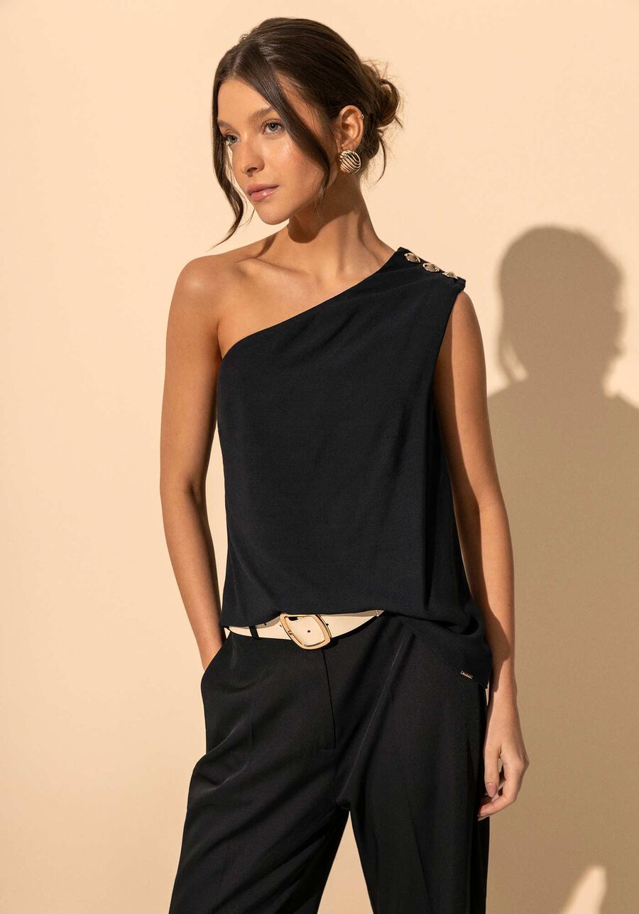 Blusa Fluida De Um Ombro Só Com Enfeites Metalizados, PRETO. Blusa Fluida De Um Ombro Só Com Enfeites Metalizados, PRETO, large.