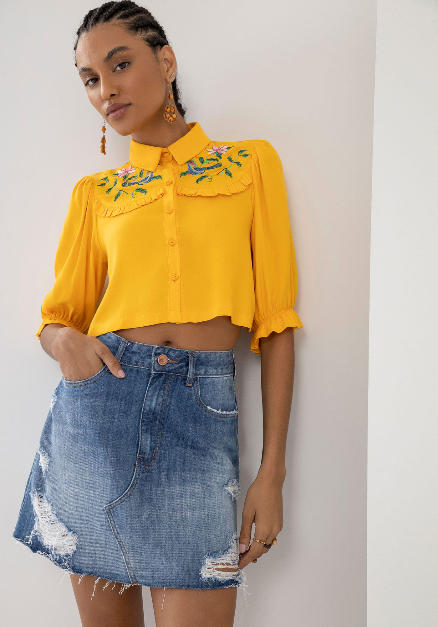 Saia jeans sale destroyed cintura alta