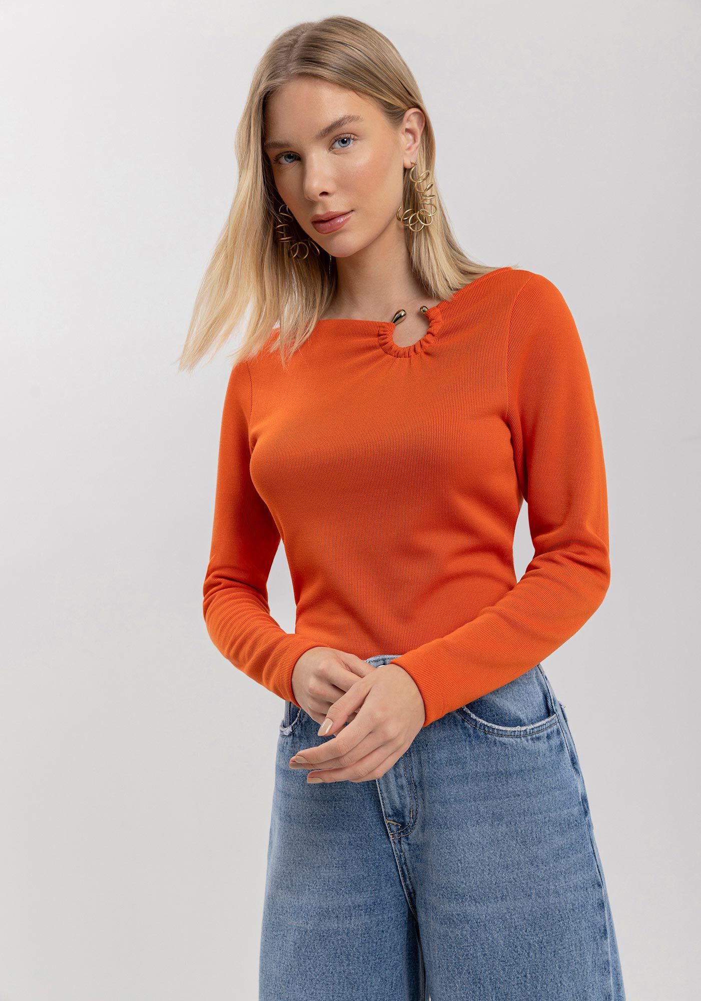 Blusa Curta De Mangas Longas Com Detalhe De Argola, , large.