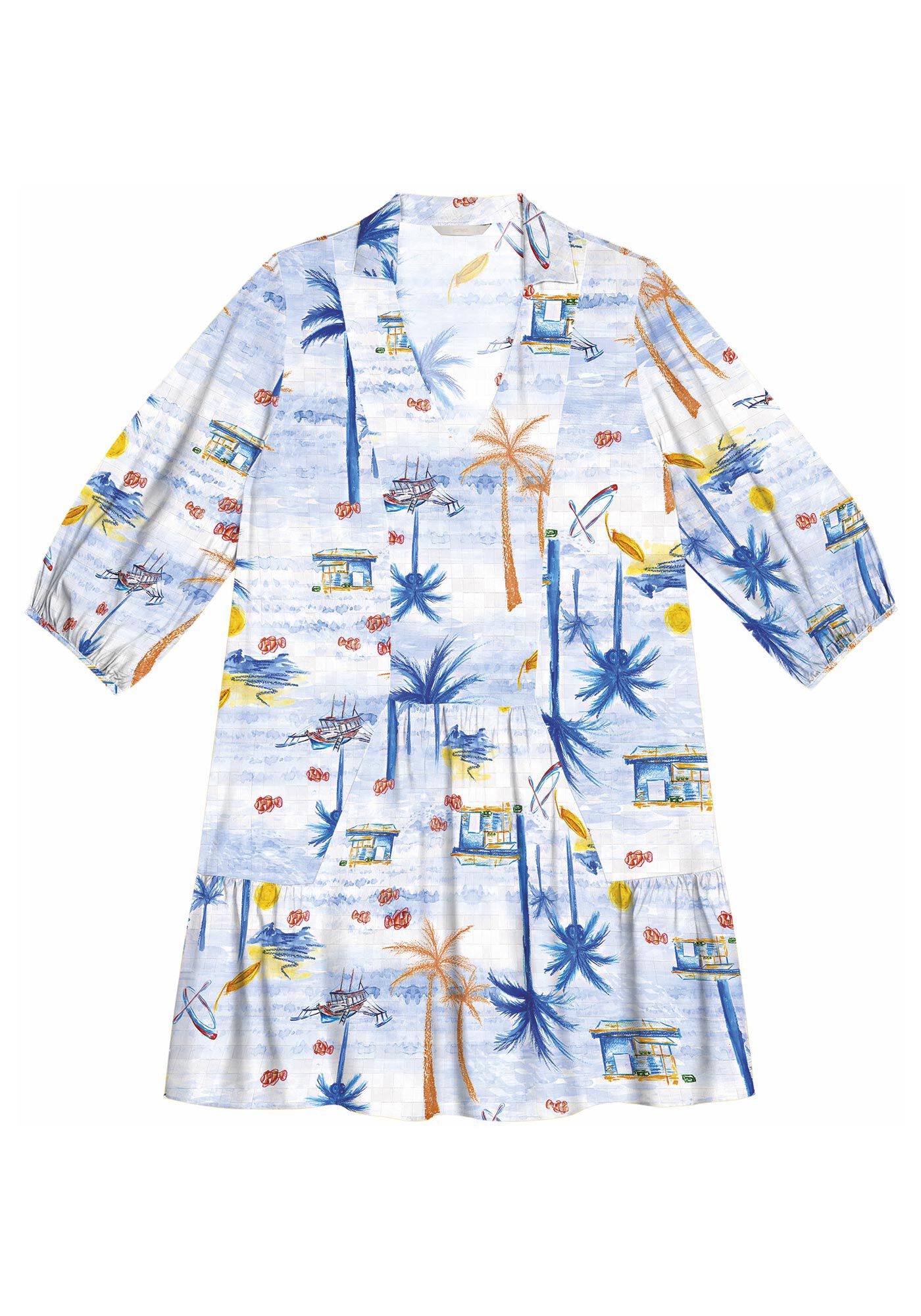 Vestido Curto Amplo Estampado com Franzidos, , large.