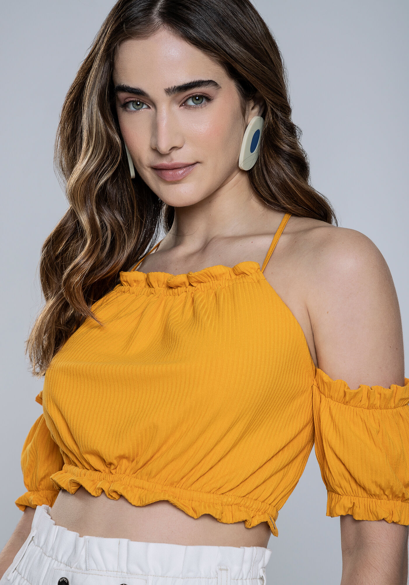 Blusa Cropped em Malha Canelada com Babados, , large.