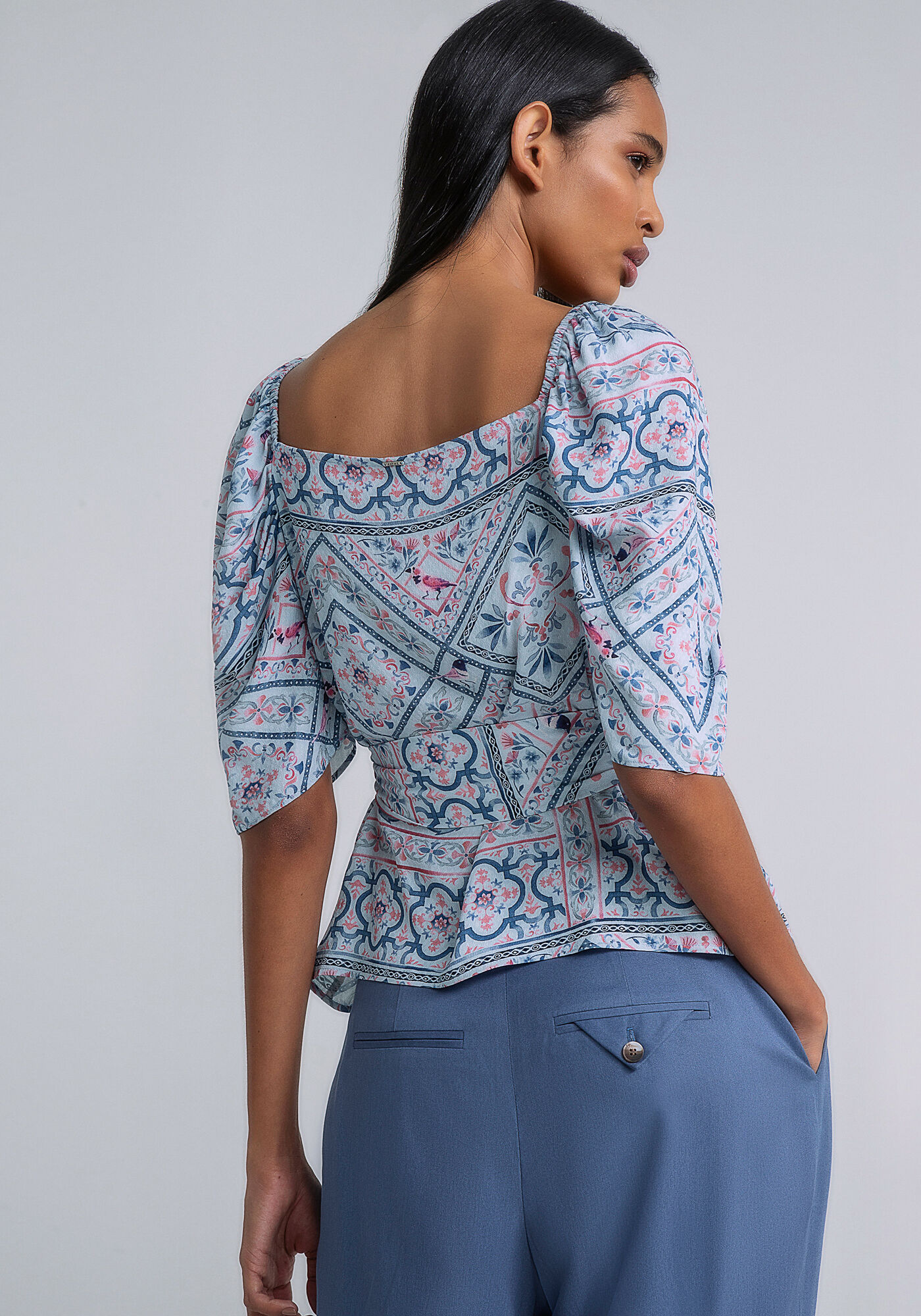 Blusa El&aacute;stico Manga Cinto Estampa, SERENA, large.
