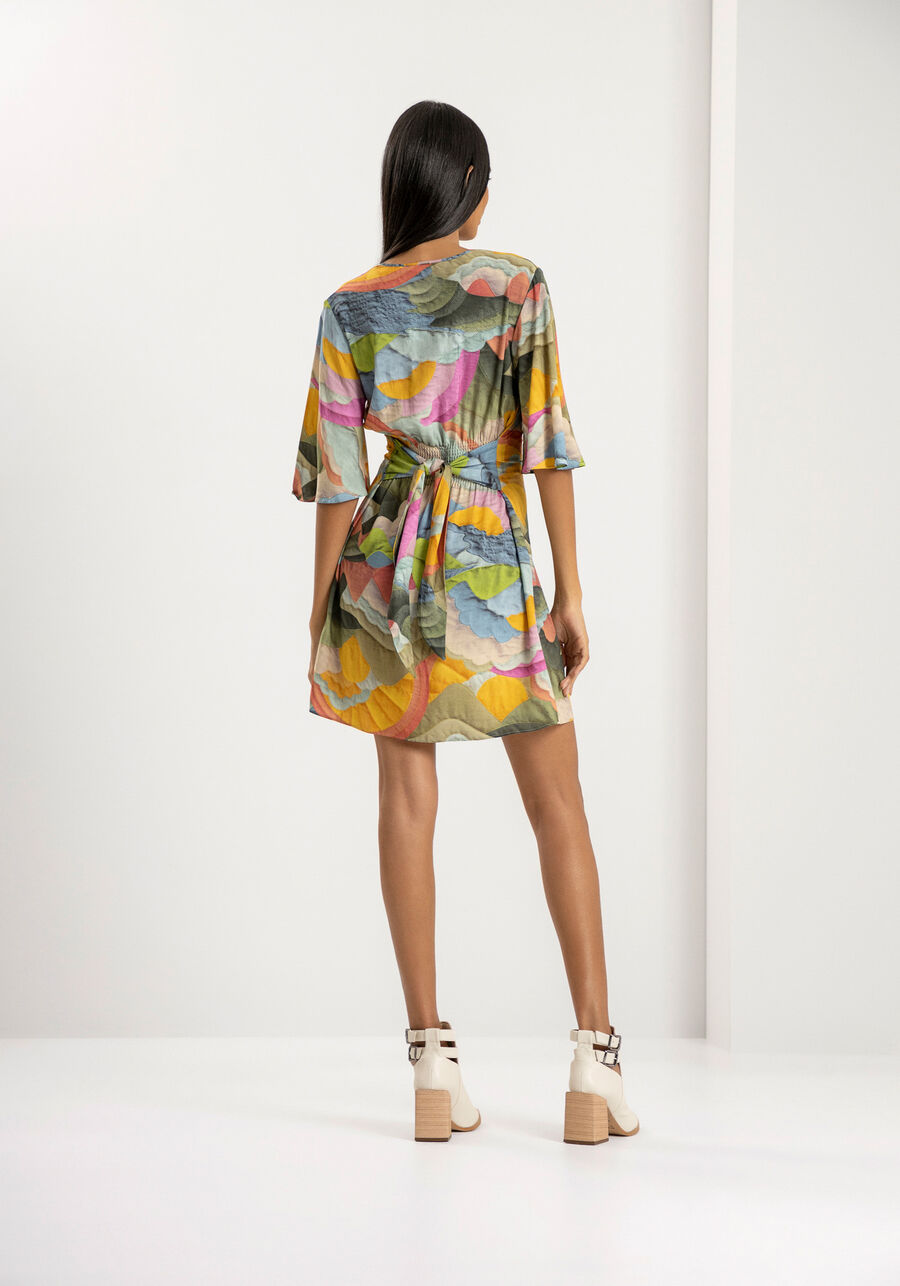 Vestido Curto Estampado com Manga Sino, . Vestido Curto Estampado com Manga Sino, , large.
