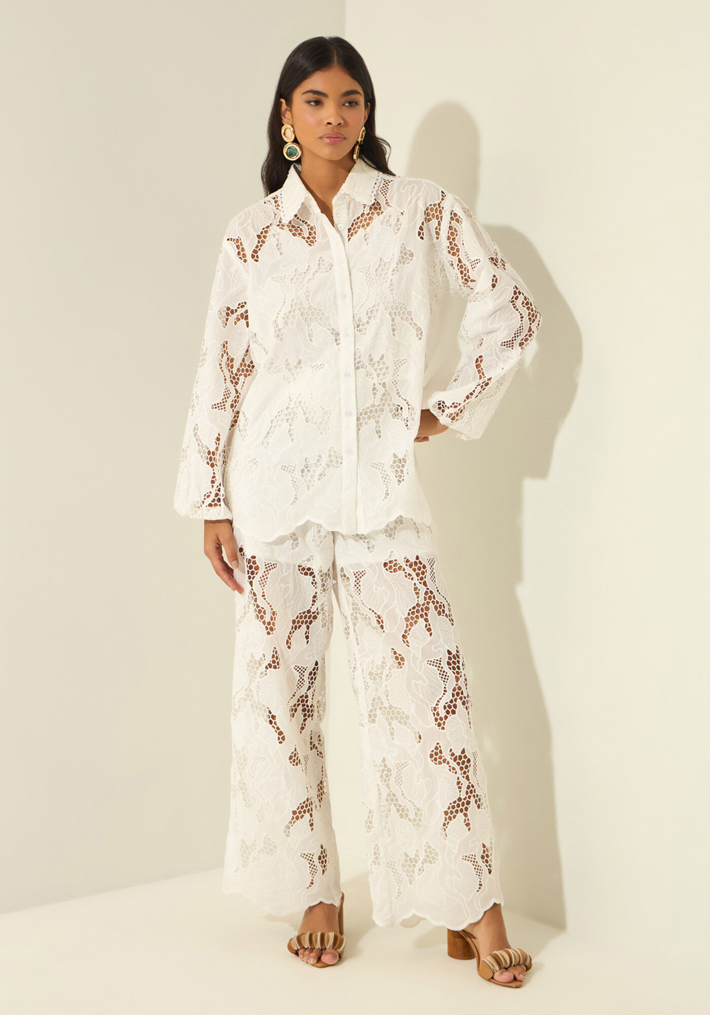 Camisa De Mangas Longas Em Laise, BRANCO, large.