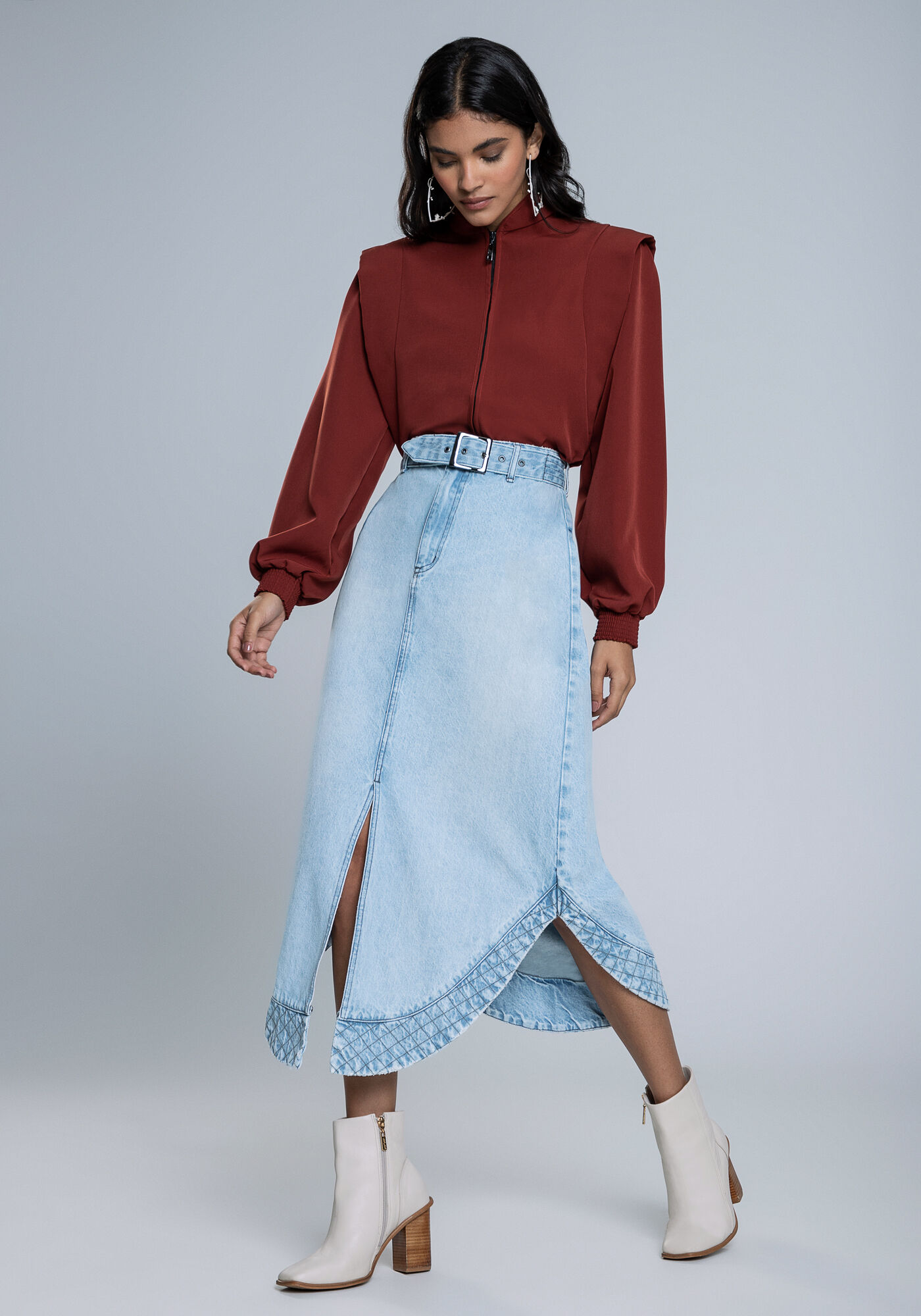 Saia Midi em Jeans com Cinto e Matelass Lez a Lez