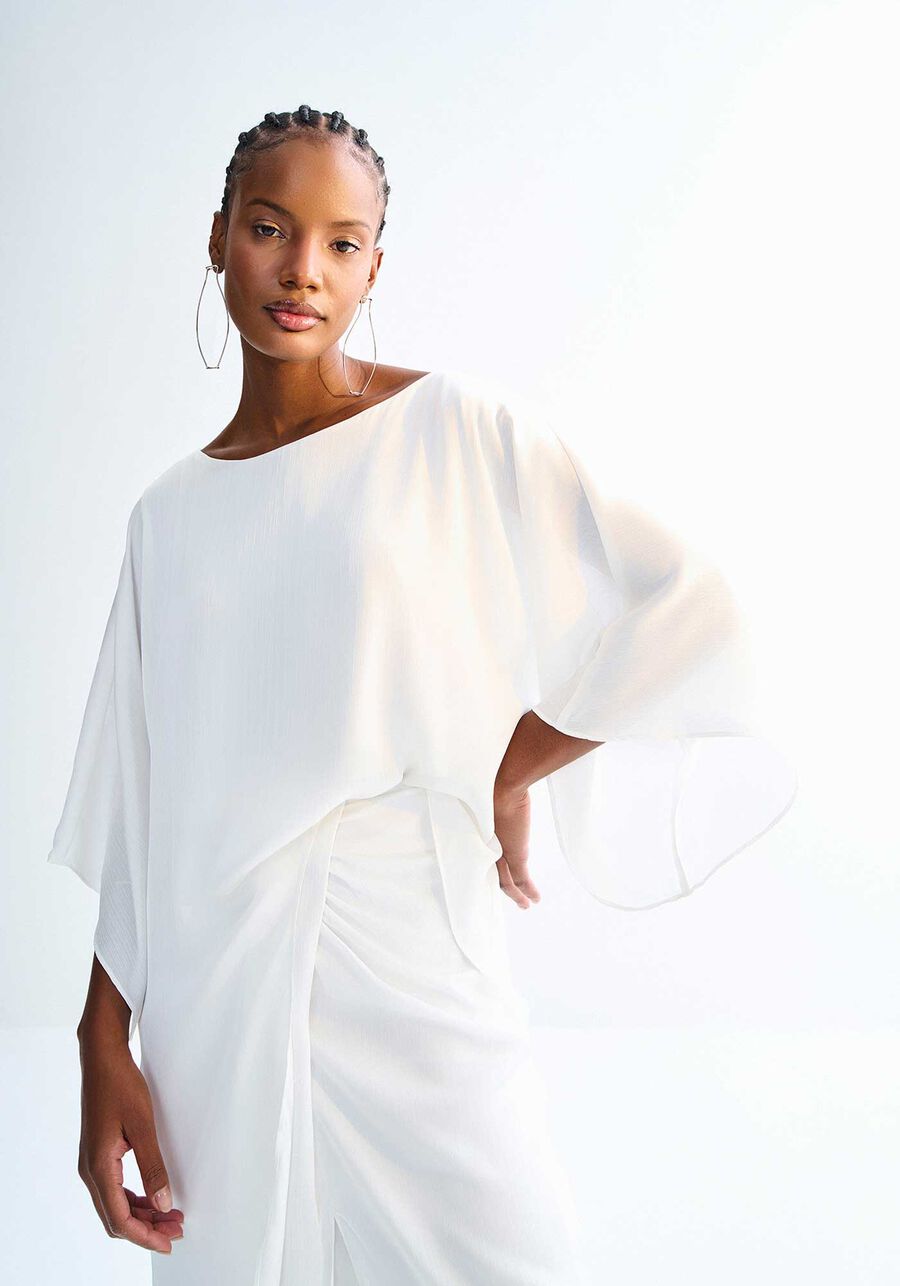 Blusa Manga 3/4 Túnica Assimétrica com Ponta, BRANCO OFF WHITE. Blusa Manga 3/4 Túnica Assimétrica com Ponta, BRANCO OFF WHITE, large.