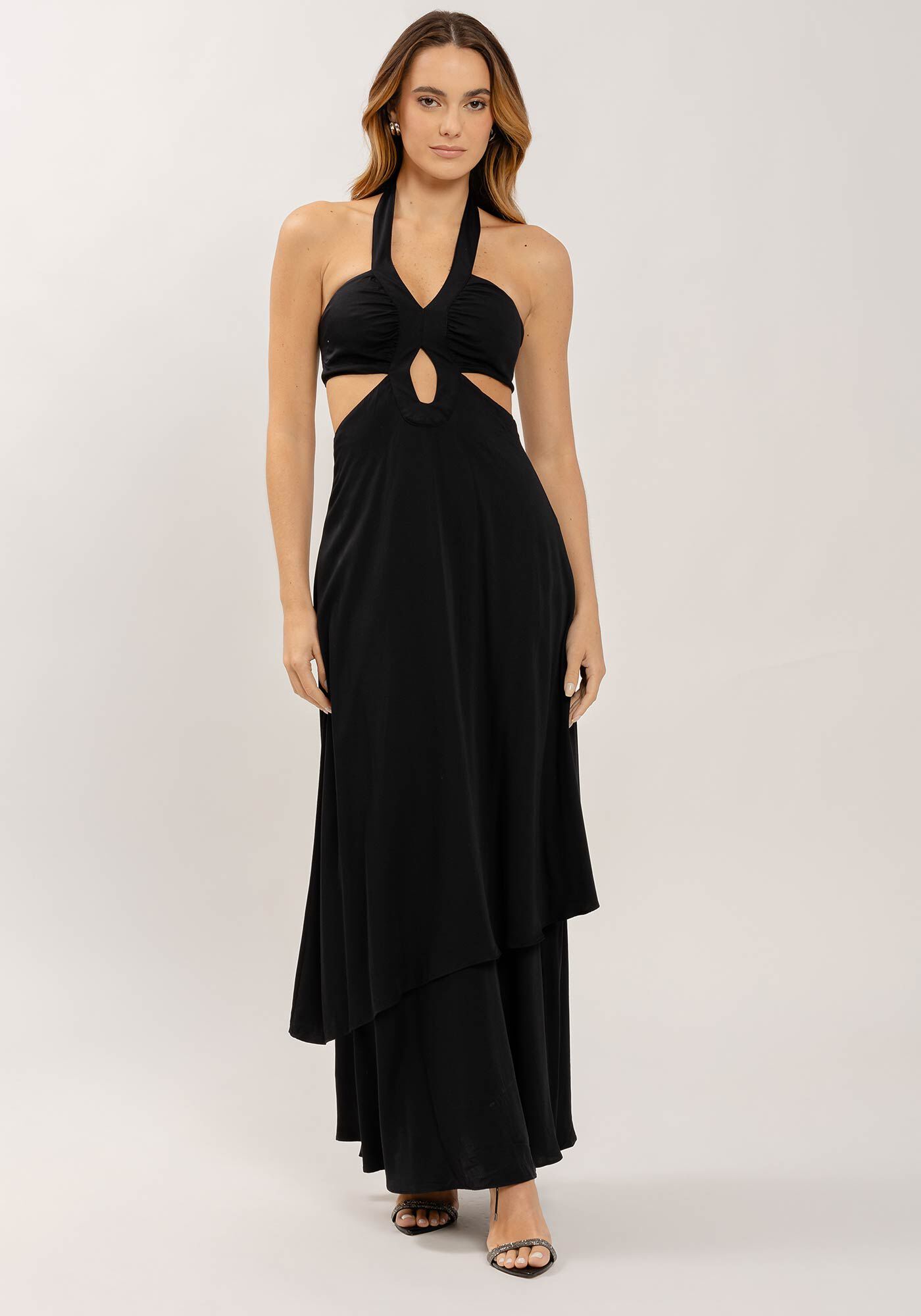 Vestido Longo Frente &Uacute;nica com Franzido e Cut, , large.