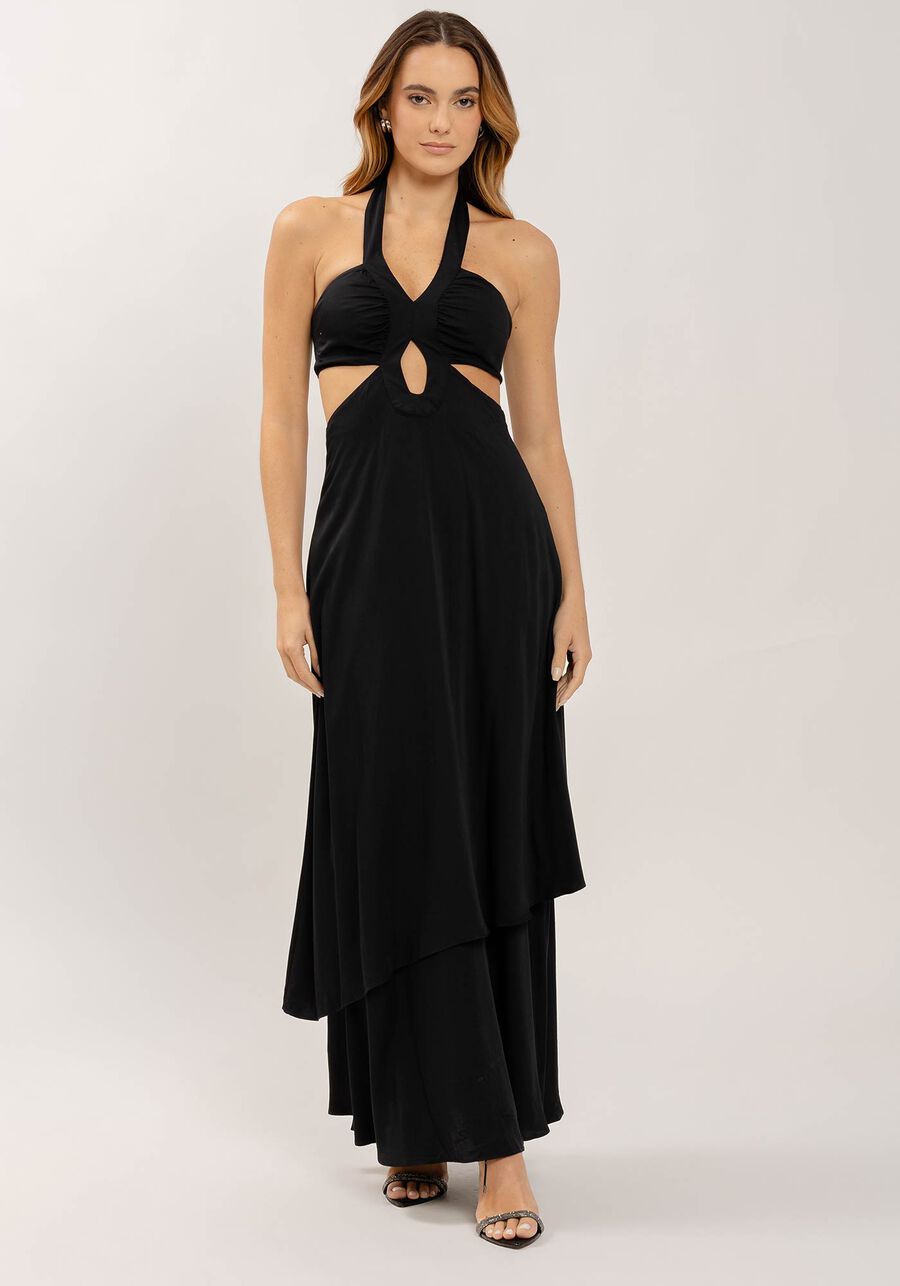 Vestido Longo Frente Única com Franzido e Cut, . Vestido Longo Frente Única com Franzido e Cut, , large.
