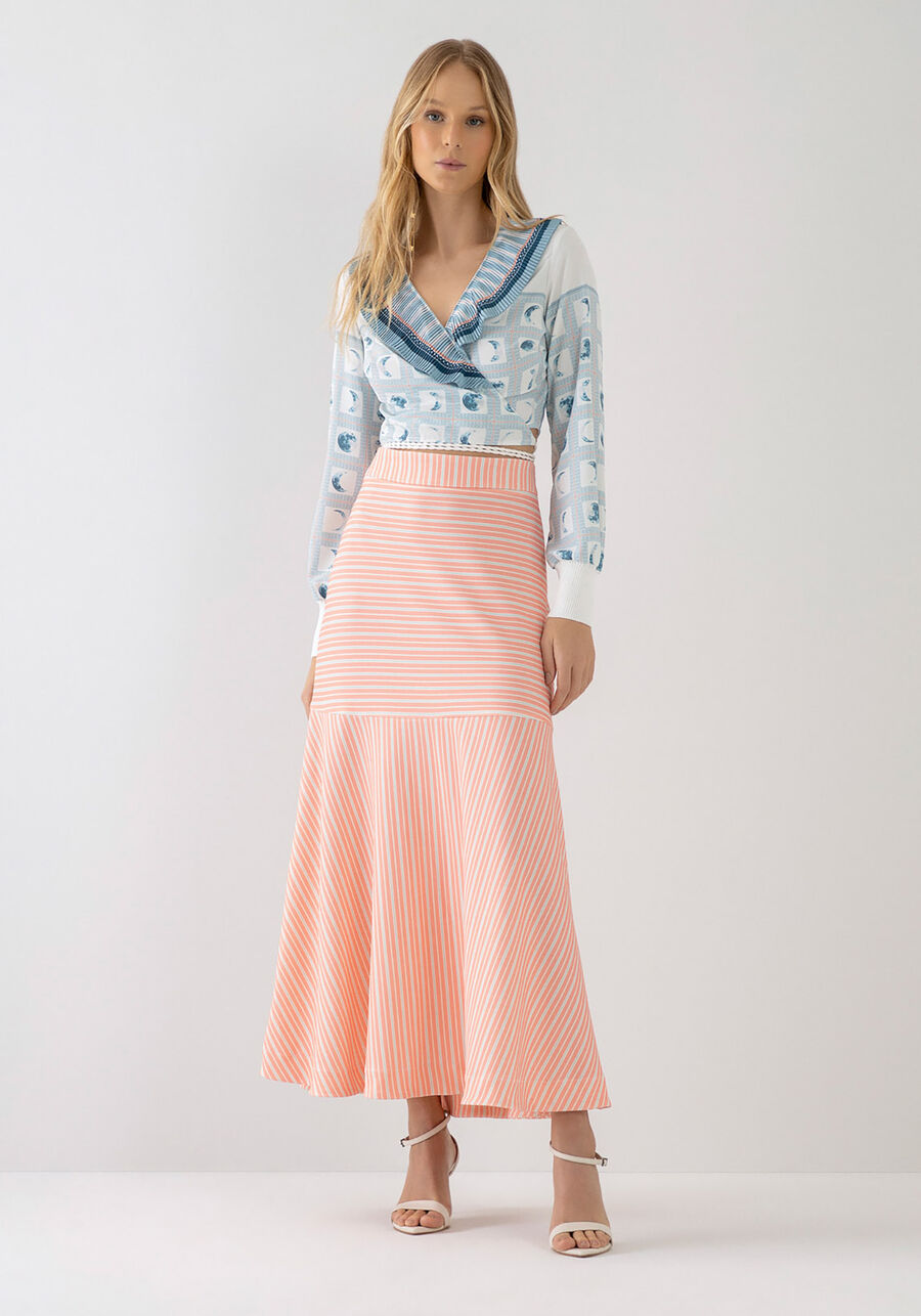 Saia Midi em Crepe com Babado, CELESTE. Saia Midi em Crepe com Babado, CELESTE, large.