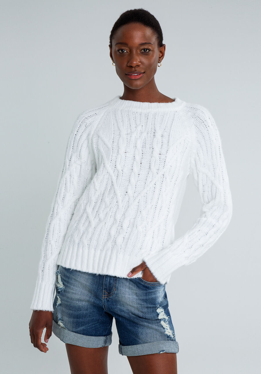 Blusão Manga Longa Tricô, BRANCO OFF WHITE. Blusão Manga Longa Tricô, BRANCO OFF WHITE, large.