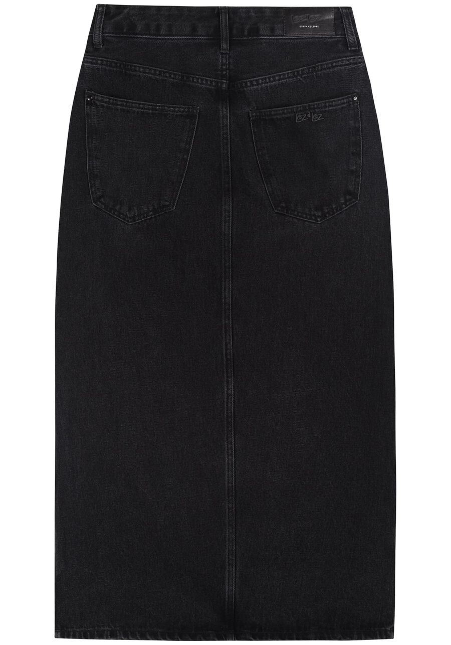 Saia Midi Jeans Estonada Com Cintura Alta E Fendas Laterais, JEANS. Saia Midi Jeans Estonada Com Cintura Alta E Fendas Laterais, JEANS, large.