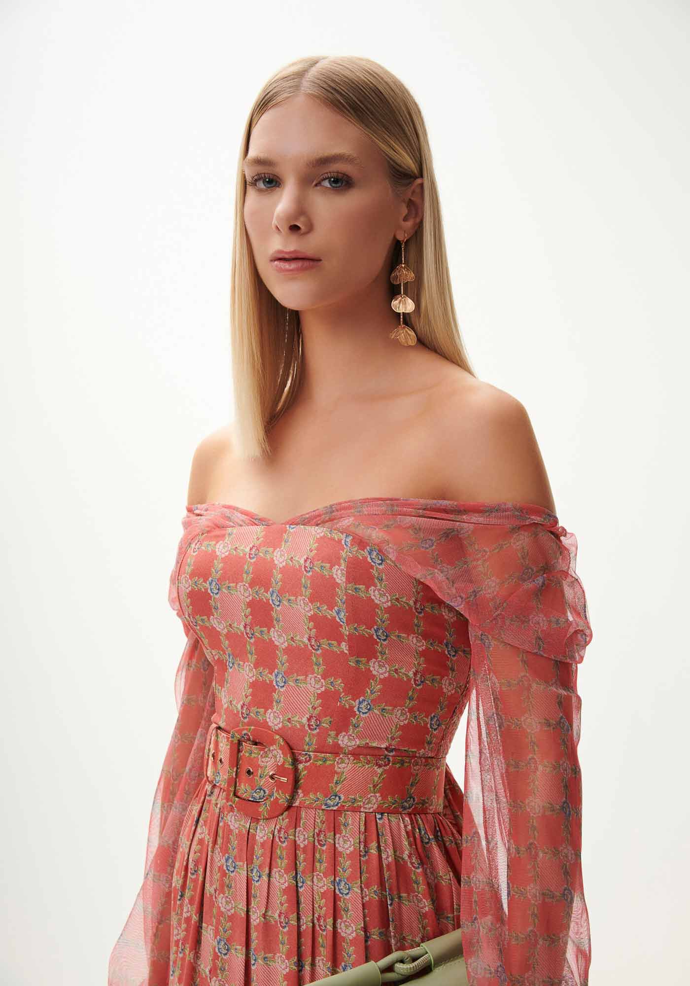 Vestido Midi com Manga em Tule e Cinto, , large.