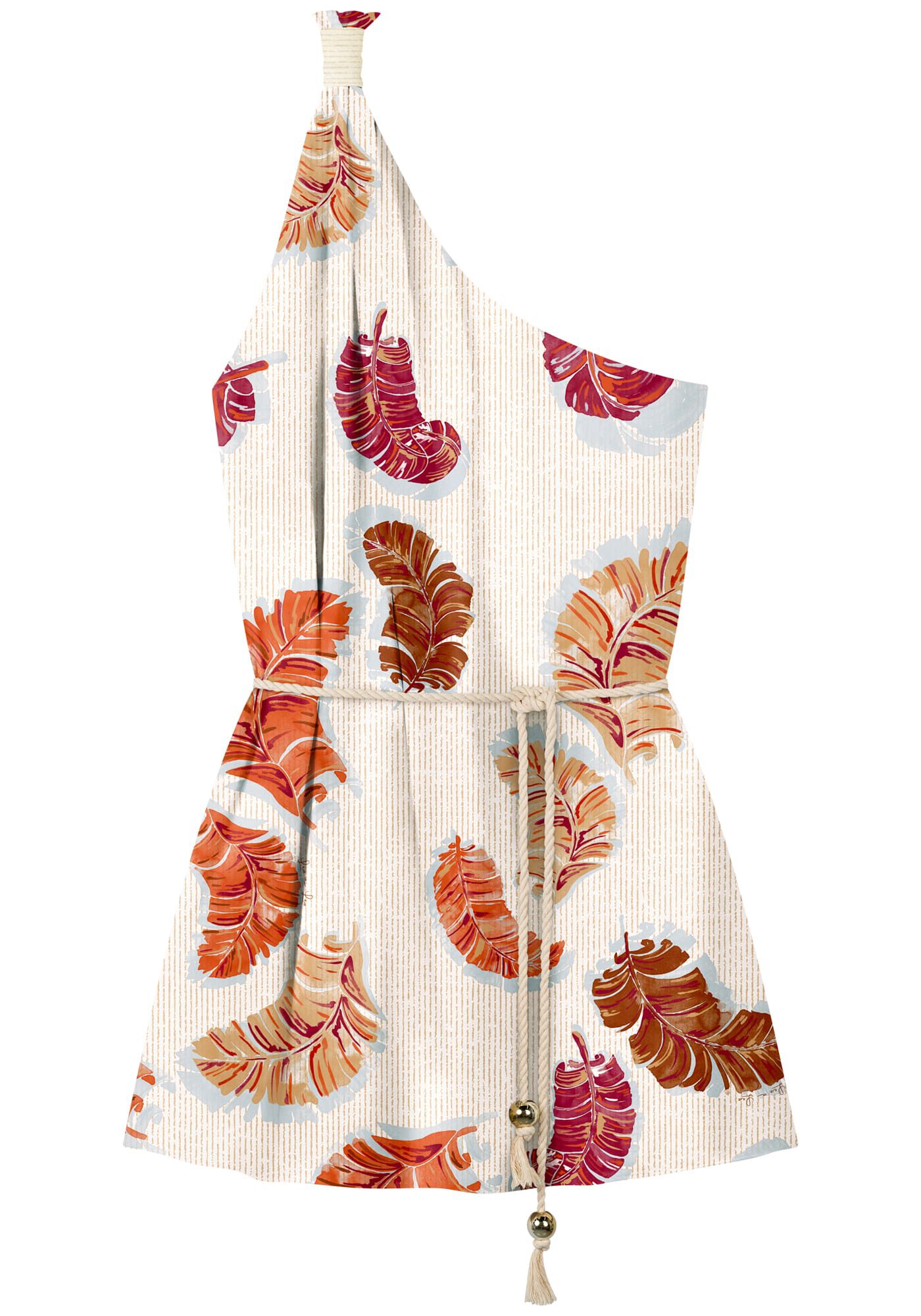 Vestido Curto De Um Ombro S&oacute; Estampado Com Cinto, , large.