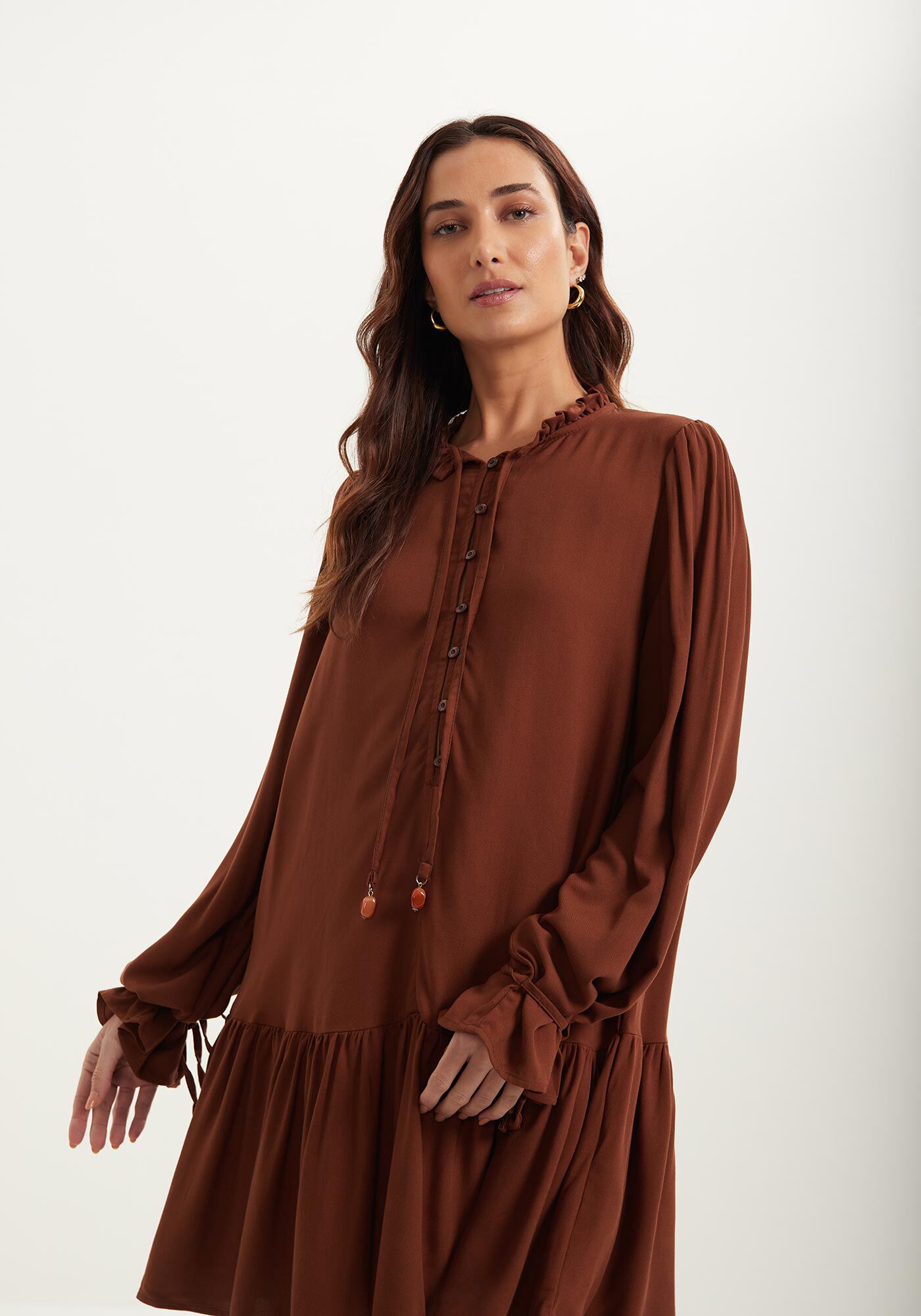 Vestido Curto De Manga Longa Com Babados E Amarra&ccedil;&otilde;es, , large.