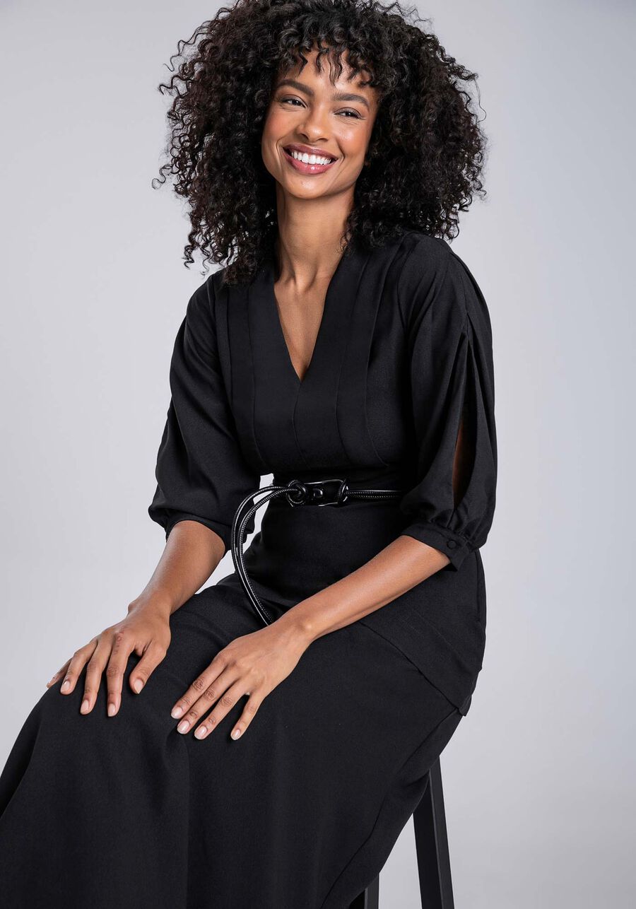 Vestido Crepe Manga 3/4 Midi com Pregas Decote, PRETO REATIVO. Vestido Crepe Manga 3/4 Midi com Pregas Decote, PRETO REATIVO, large.