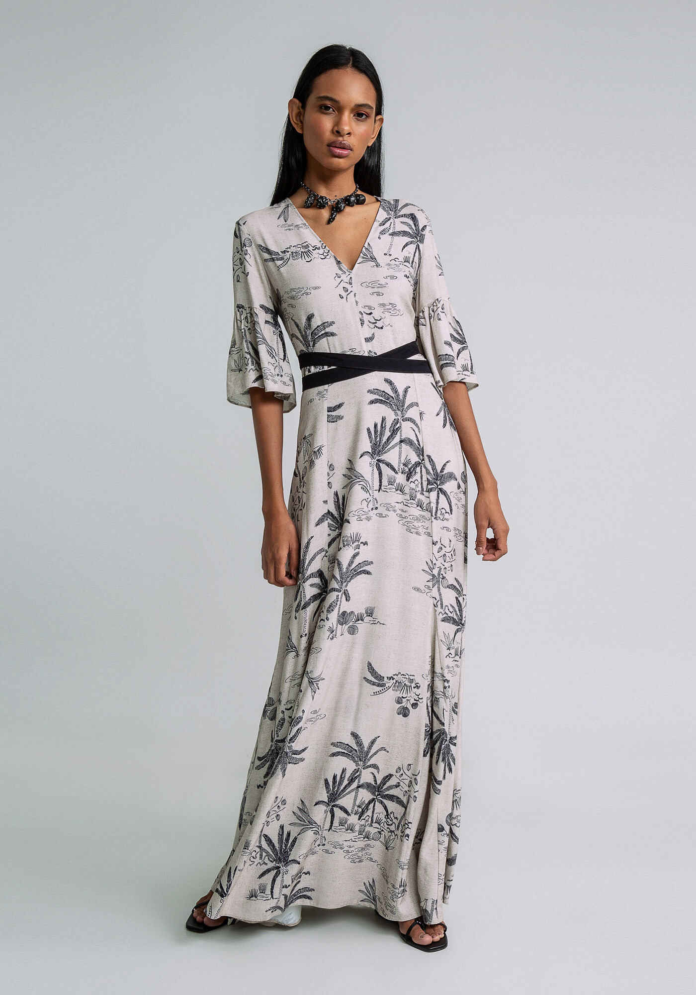 Vestido Longo Estampado Faixa Cintura, REPOUSO, large.