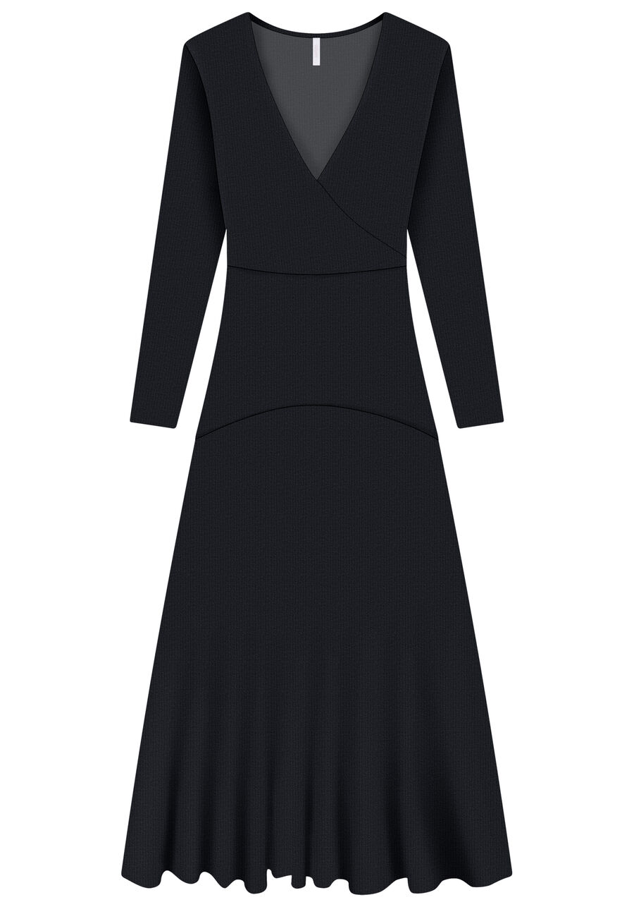 Vestido Midi Canelado Estampado, PRETO REATIVO. Vestido Midi Canelado Estampado, PRETO REATIVO, large.
