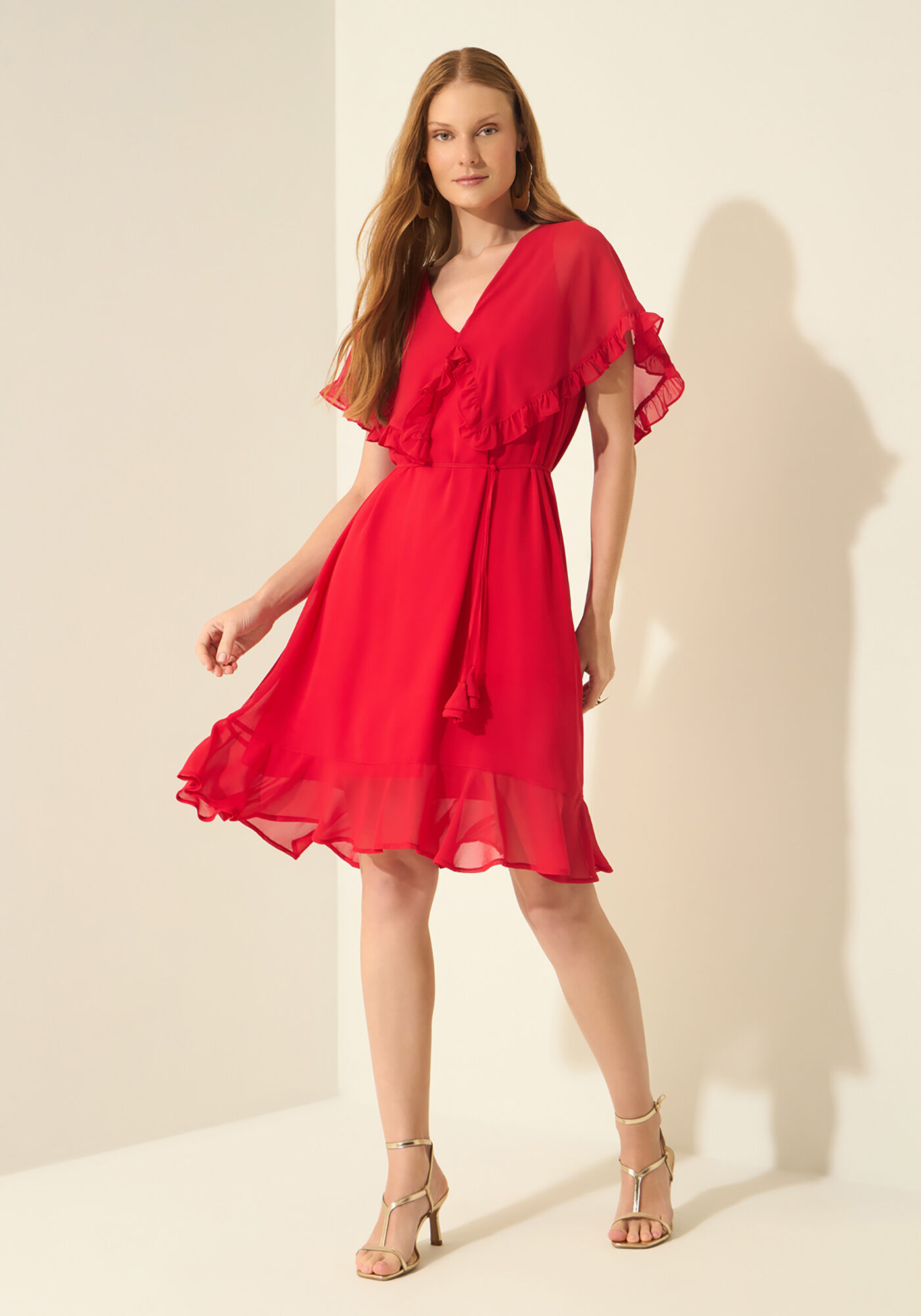 Vestido Curto Com Babados E Cinto, VERMELHO POWER, large.