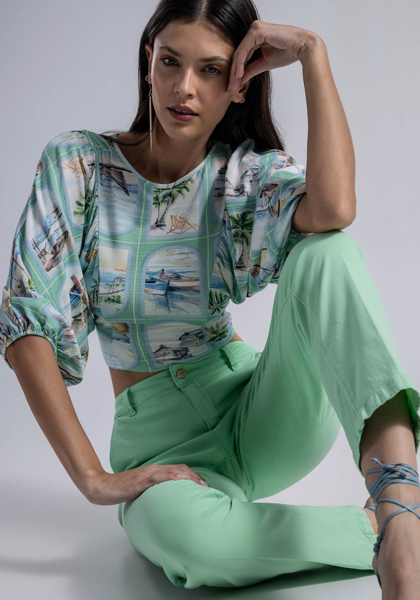 Cal&ccedil;a Jeans Alfaiataria Cropped com Cintura Alta, VERDE PORTULACA, large.