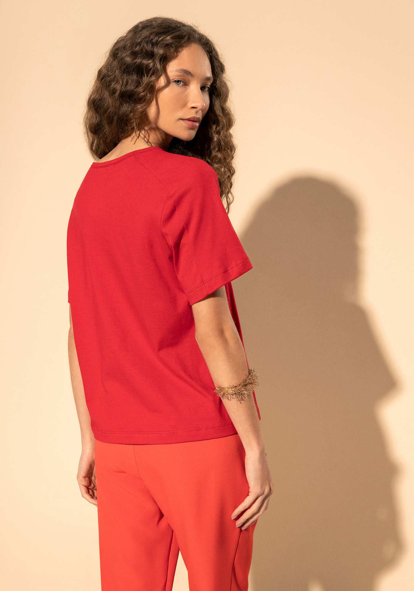 Blusa T-shirt De Manga Curta Com Estampa Em Algod&atilde;o Penteado, VERMELHO CLAIR, large.