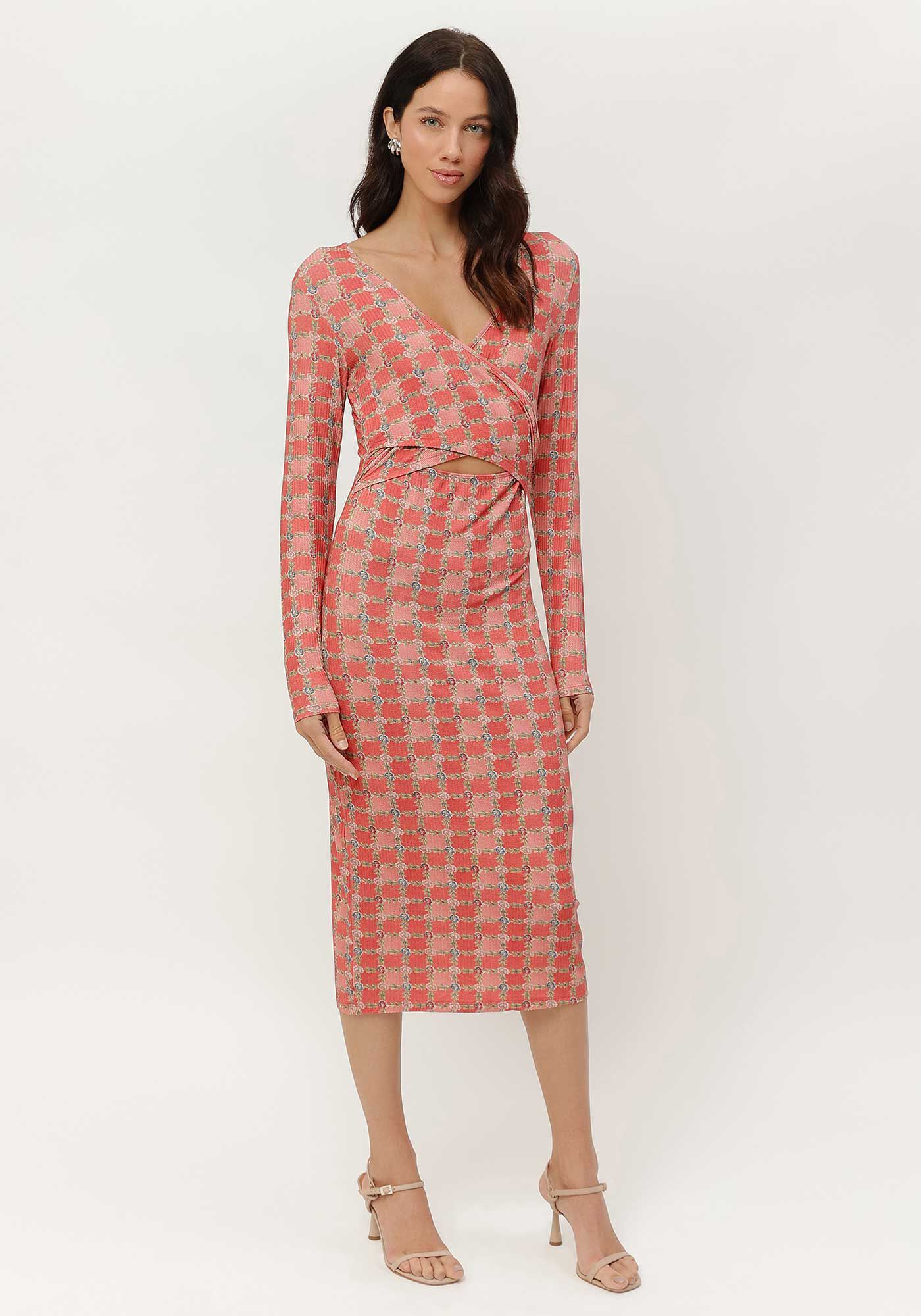 Vestido Midi Manga Longa Canelado Estampado, , large.