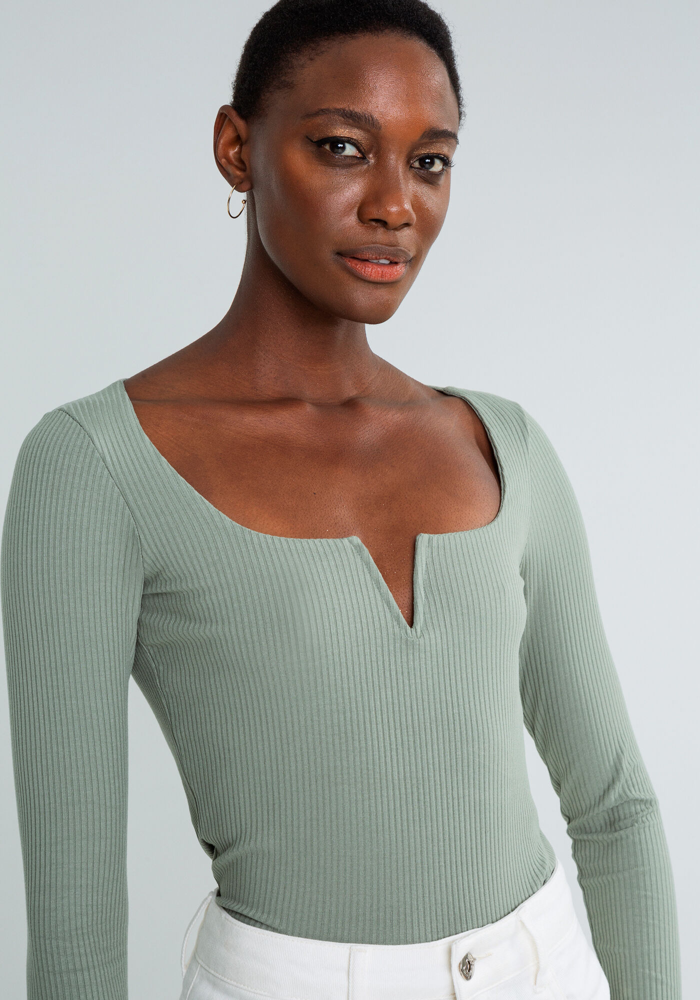 Blusa Manga Longa Recorte V Decote, VERDE, large.