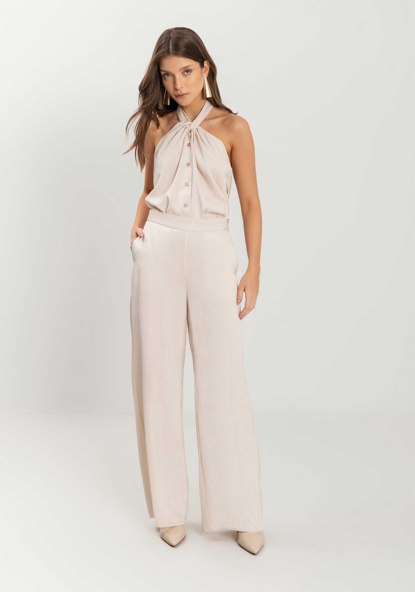 Cal&ccedil;a Reta Com Cintura Alta E Bolsos Faca, BEGE ALHAMBRA, large.