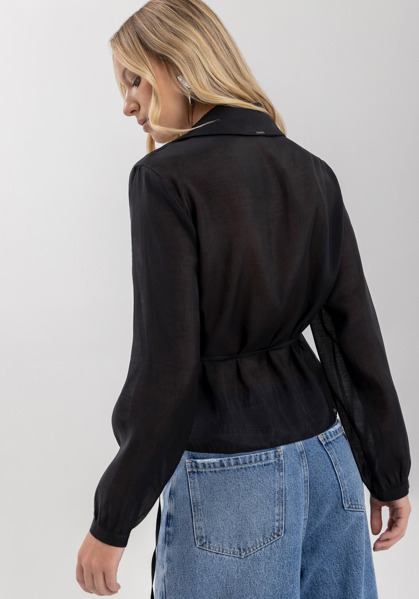 Camisa De Mangas Longas Com Transpar&ecirc;ncia E Amarra&ccedil;&atilde;o, , large.