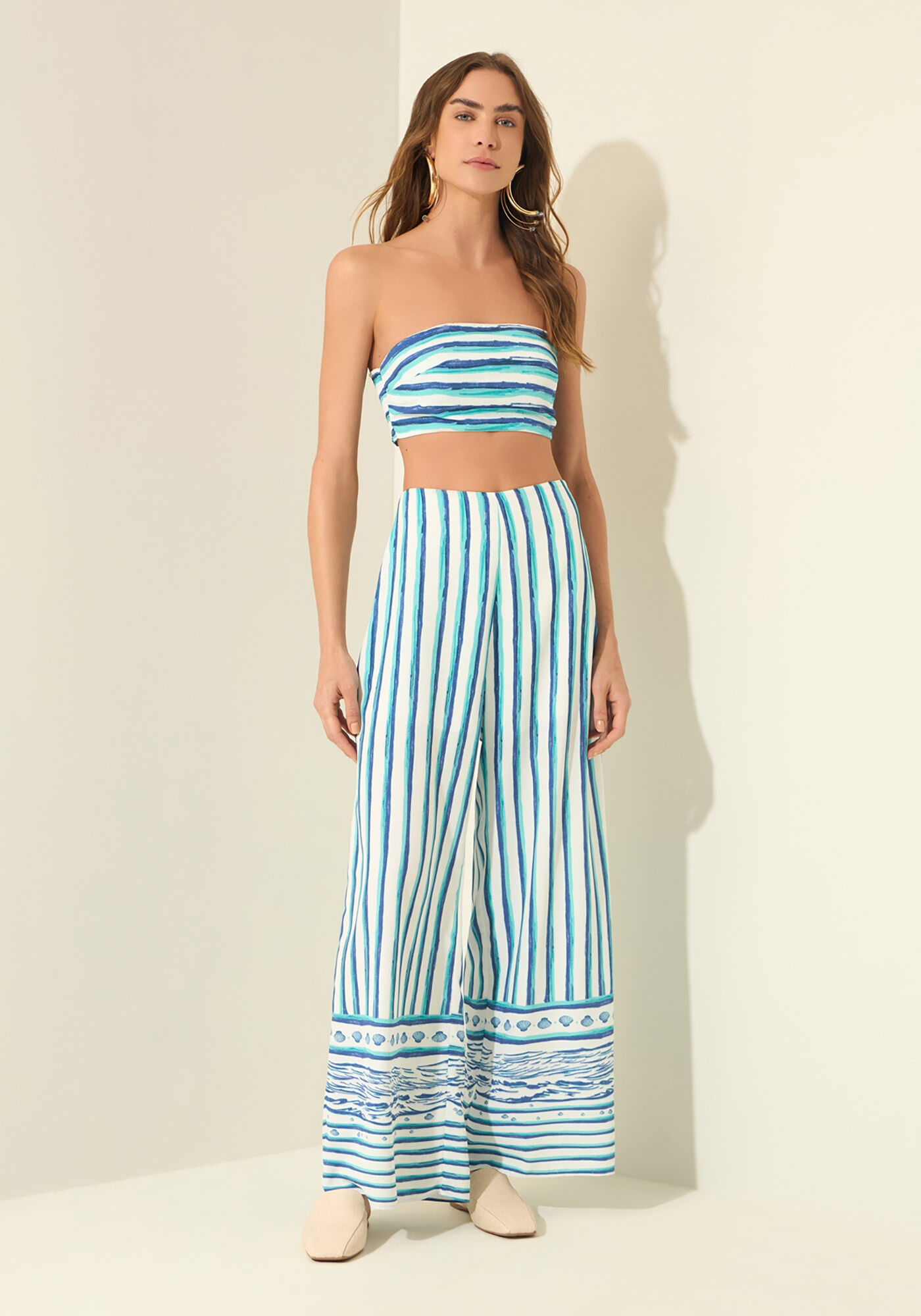 Cal&ccedil;a Reta Estampada Com Cintura Alta, MARE BEGE, large.