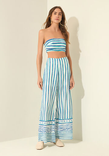 Calça Reta Estampada Com Cintura Alta, MARE BEGE. Calça Reta Estampada Com Cintura Alta, MARE BEGE, large.