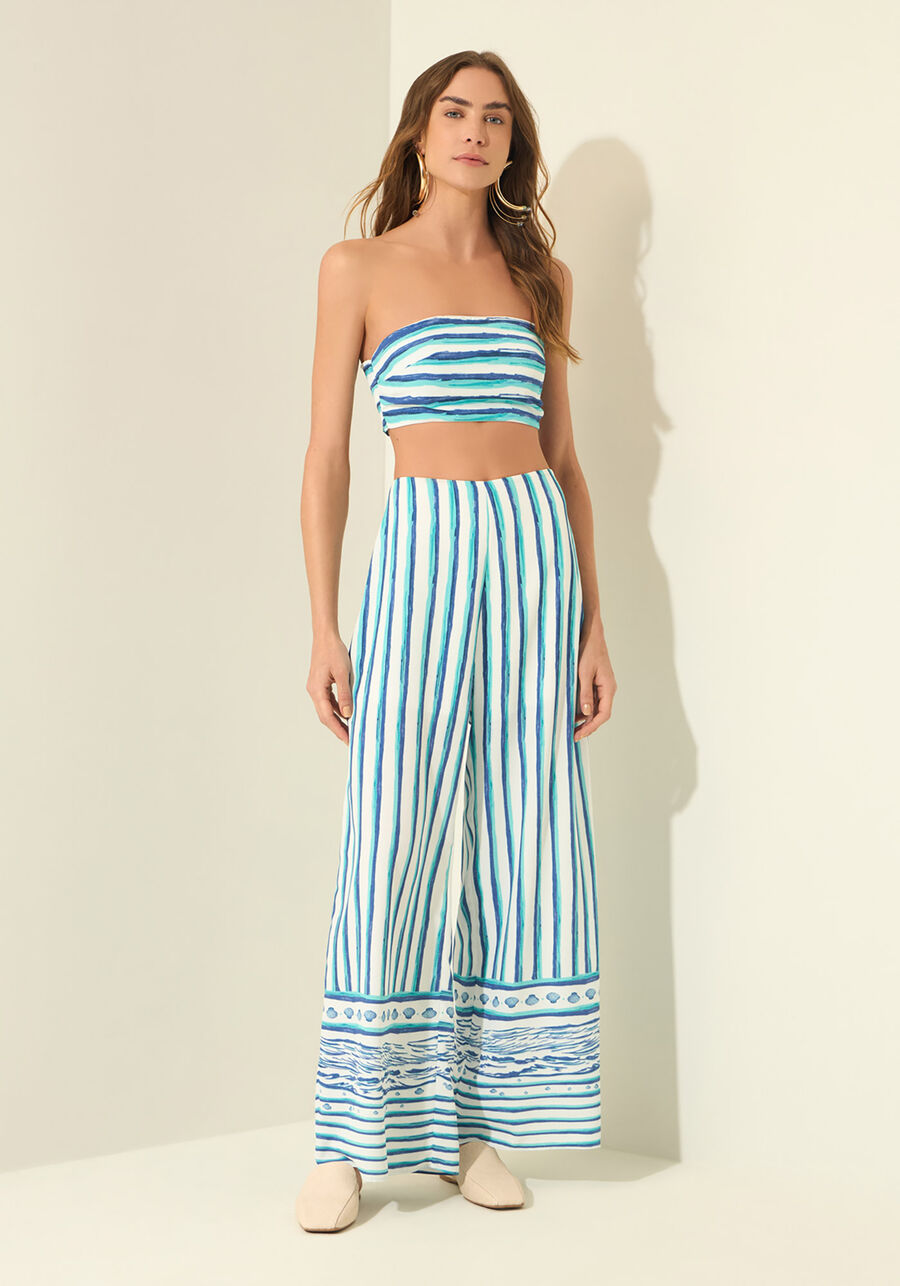 Calça Reta Estampada Com Cintura Alta, MARE BEGE. Calça Reta Estampada Com Cintura Alta, MARE BEGE, large.