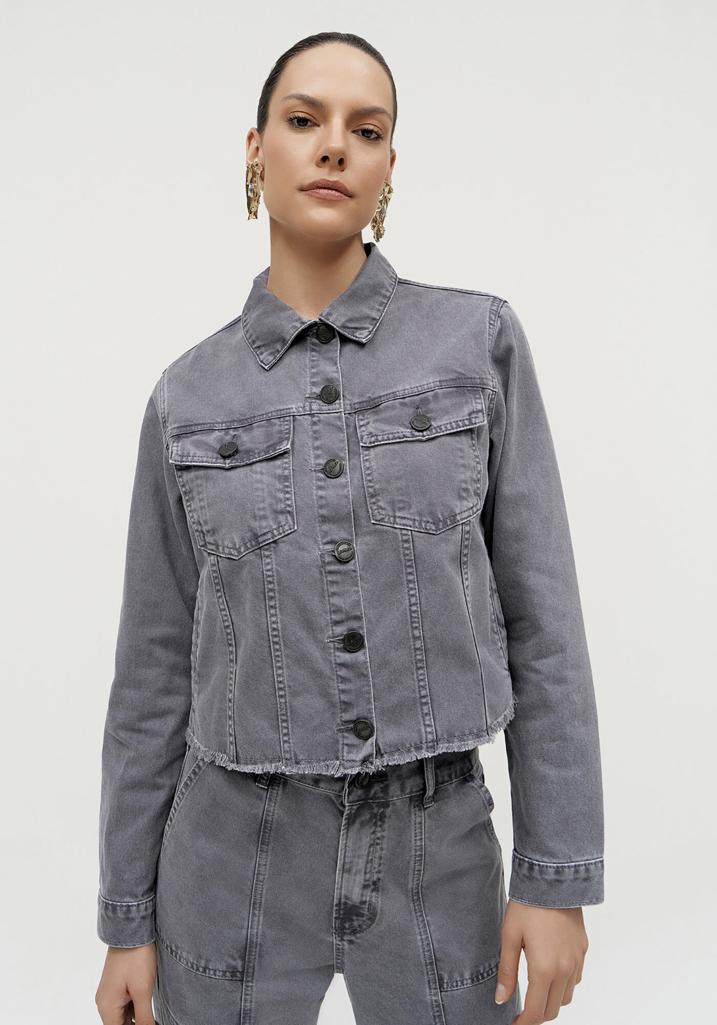 Jaqueta Sarja Estonada com Barra Desfiada, , large.