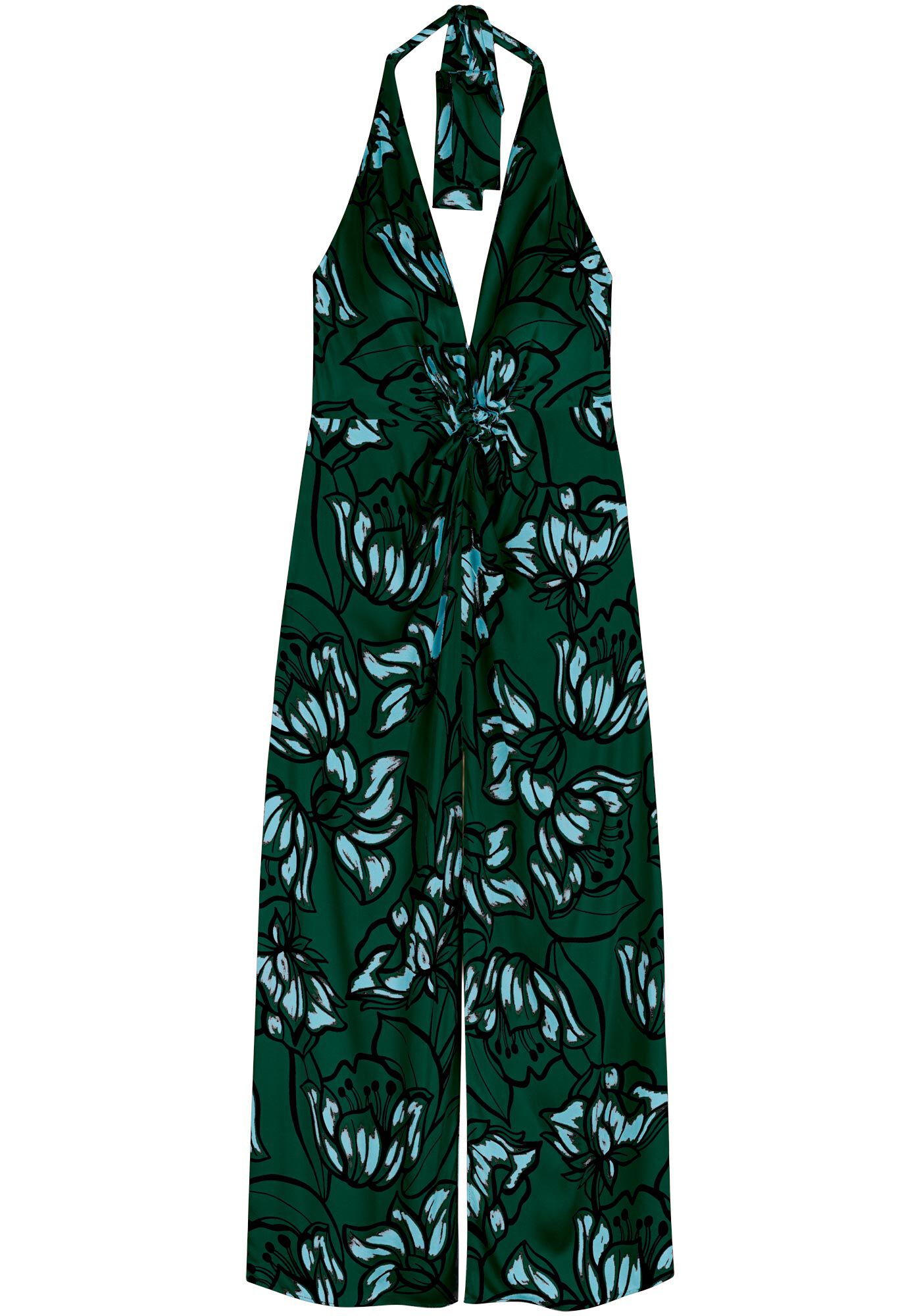 Vestido Longo Frente &Uacute;nica Estampado Com Tor&ccedil;&atilde;o Frontal, BELL FLOWERS VERDE, large.